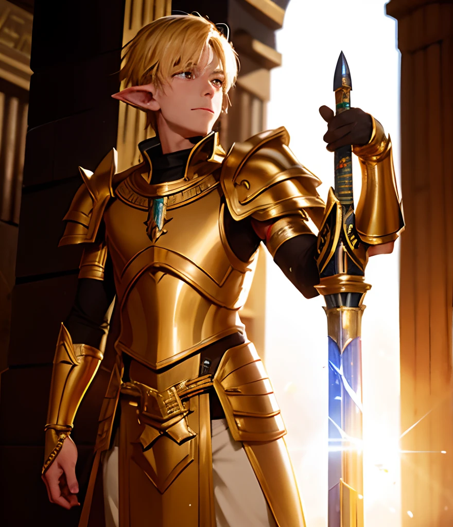 1 boy, a young elf paladin, fully dressed in armor with gold details, with a fire sword, in an Egyptian temple, D&D, masterpiece, best quality, high contrast, soft lighting, backlighting, blooming, light sparkles, chromatic aberration, smooth, sharp focus, rosto bonito