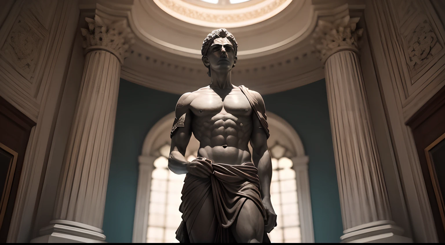 Stoic statue, with an expression of anger, usando manto e tunica longo sobre todo o corpo, Noite escura, ao ceu aberto, 35 mm, lateralmente, Filmado em Sony A7S III com Sony FE 35mm f/1.8, 12.1 MP, --AR 3:2 --estilo cru