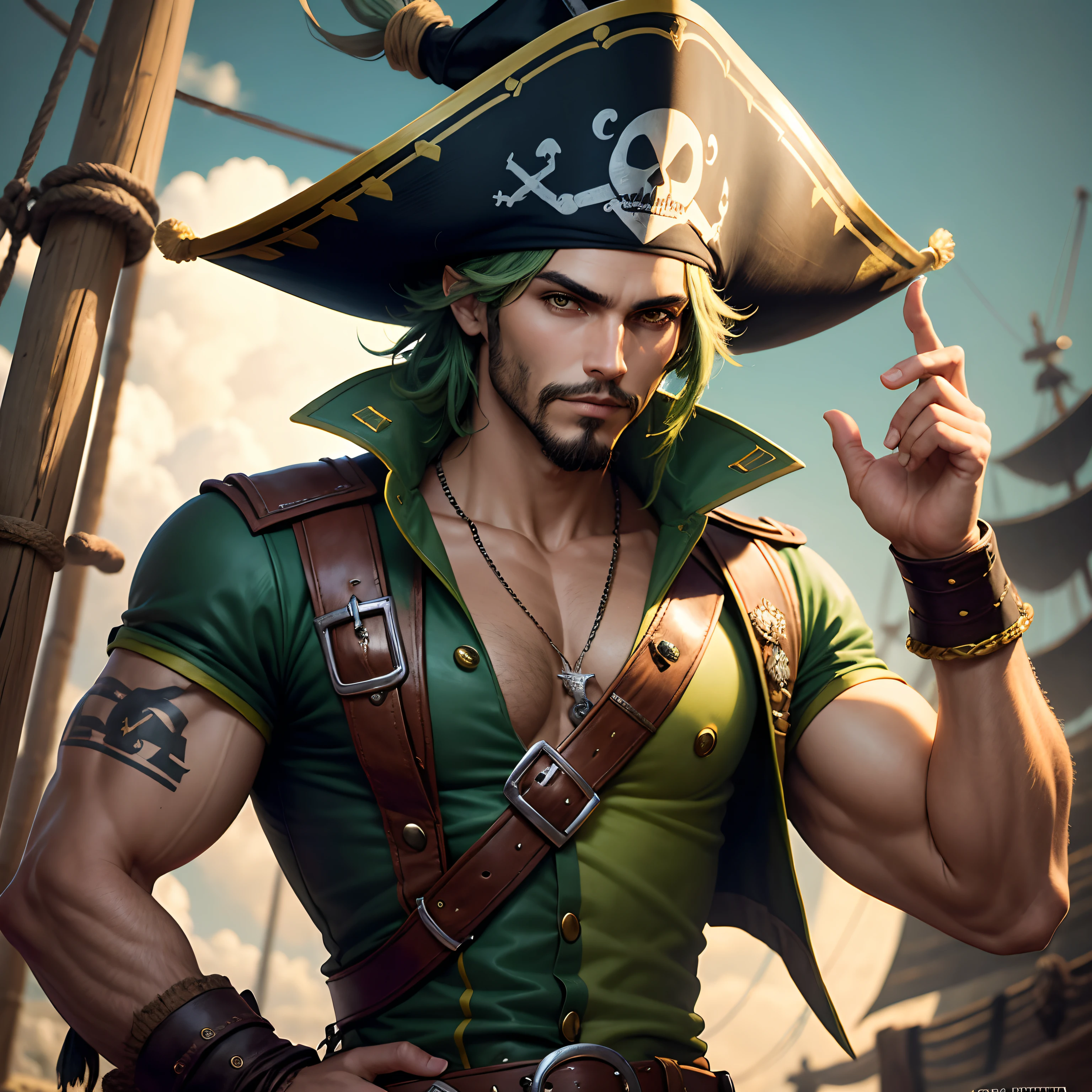 PERSONAGEM HOMEM PIRATA, Detalhado, with pirate hat, Cabelo Verde e Olhos Amarelo Claro, Jaqueta Preta