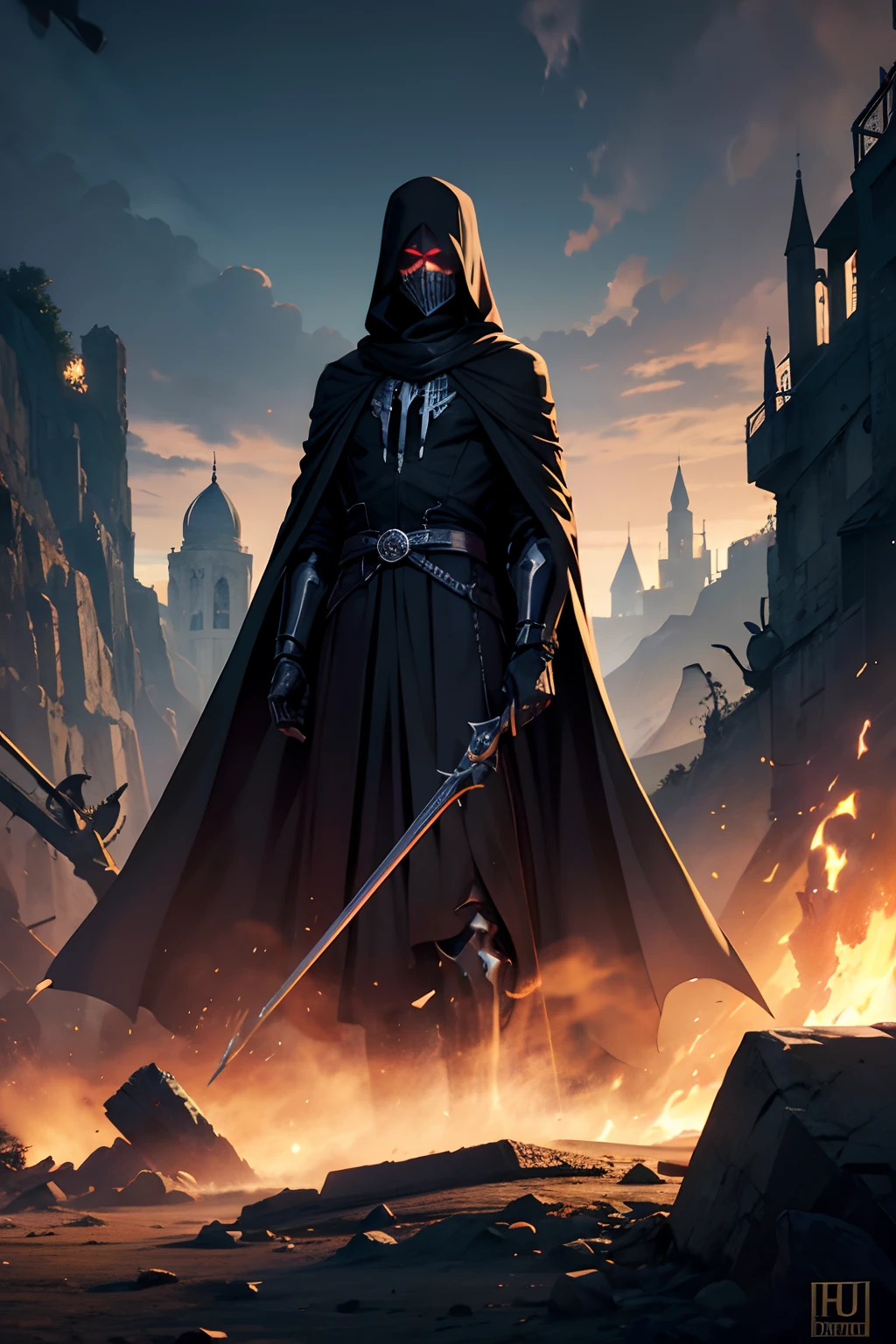 Personagem masculino "Death", manto, foice, Face with shadowy mask, olhos vermelhos, Manto preto, morte, rosto sinistro, Detalhes na cor roxa e preta, skeletal hands, magia, Black steel skeletal armor. Manto, capuz, robe, Scenery full of machines, tecnologia, landscape
