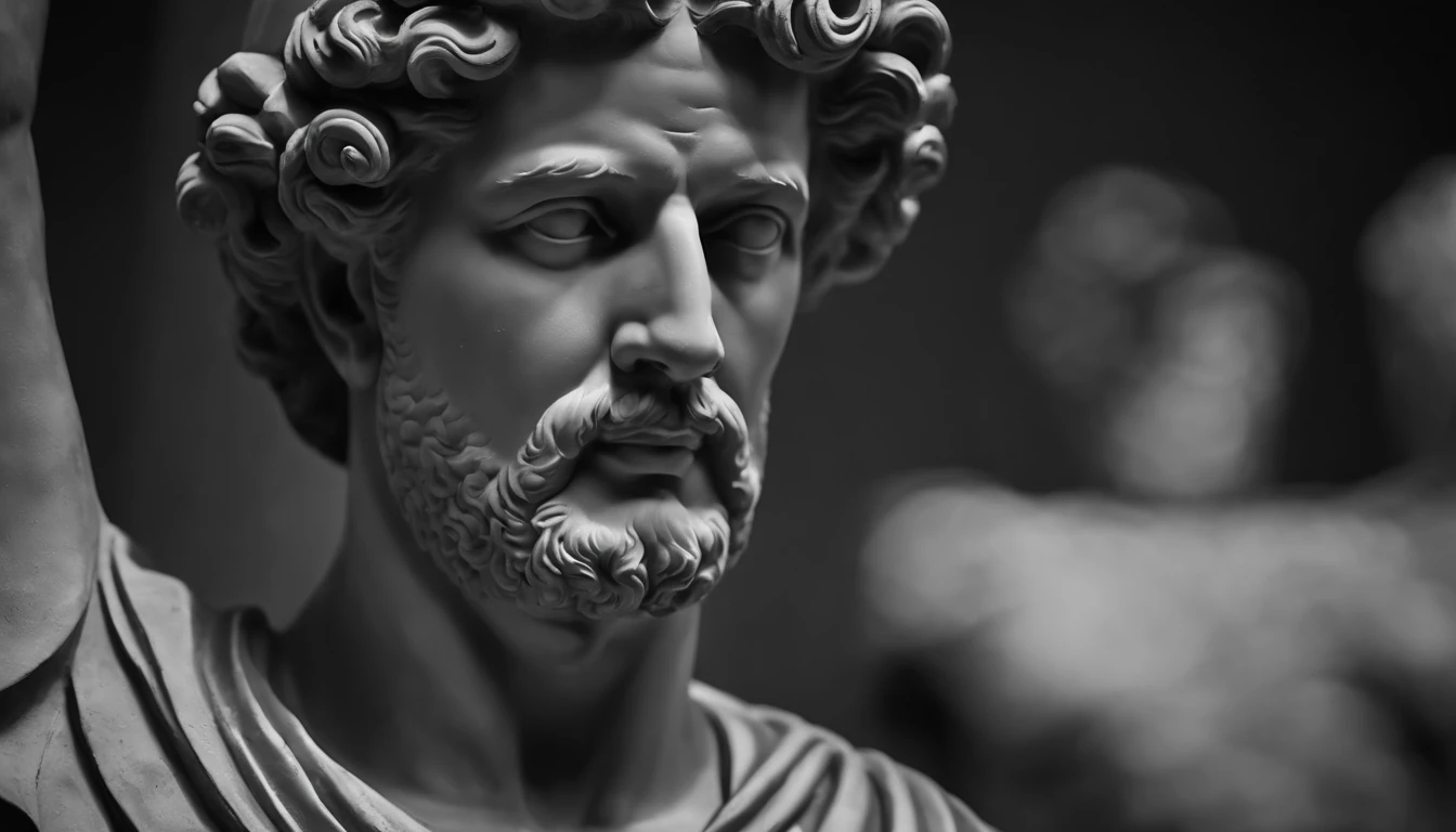 Gray statue, de filosofos antigos, Stoic Marcus Aurelius in black and white 4K,Face de lado, super realista, eles estao dentro de uns castelos, lendo livros antigos