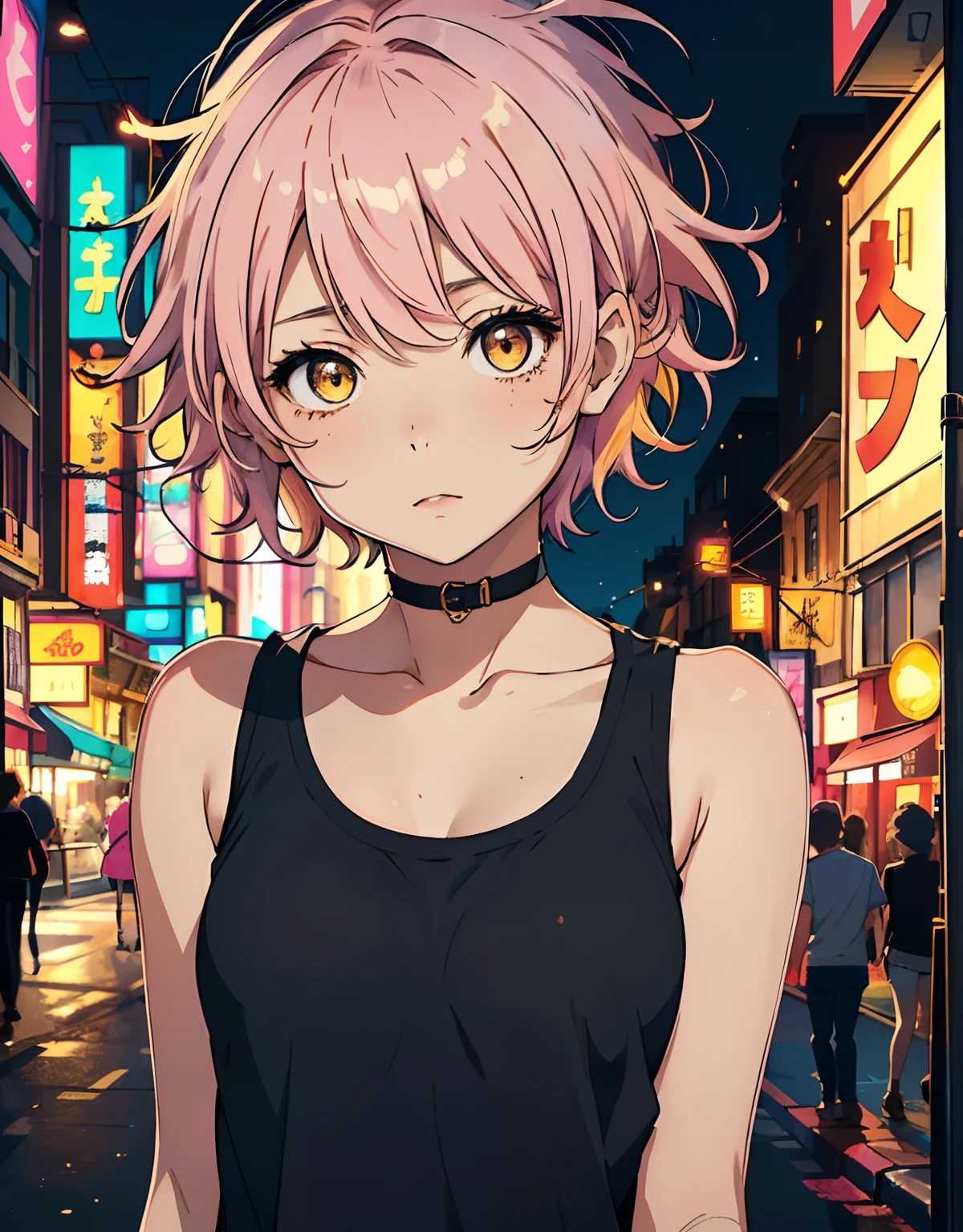 ((masterpiece, best quality)), (1girl, anime girl in the city night),(li, liirl, idol), (solo), (female focus), (pink hair, messy hair, short hair),yellow eyes, ((exposed shoulder, tank top) , shy, portraits, close up, upper body, vibrant colors, soft lighting, looking straight forward