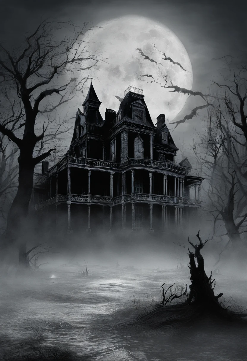 "Create a chilling and horrifying Halloween scene that captures the essence of terror, featuring a haunted mansion engulfed in an eerie fog, with sinister shadows lurking in the background, and a blood-red moon casting an ominous glow upon the scene."