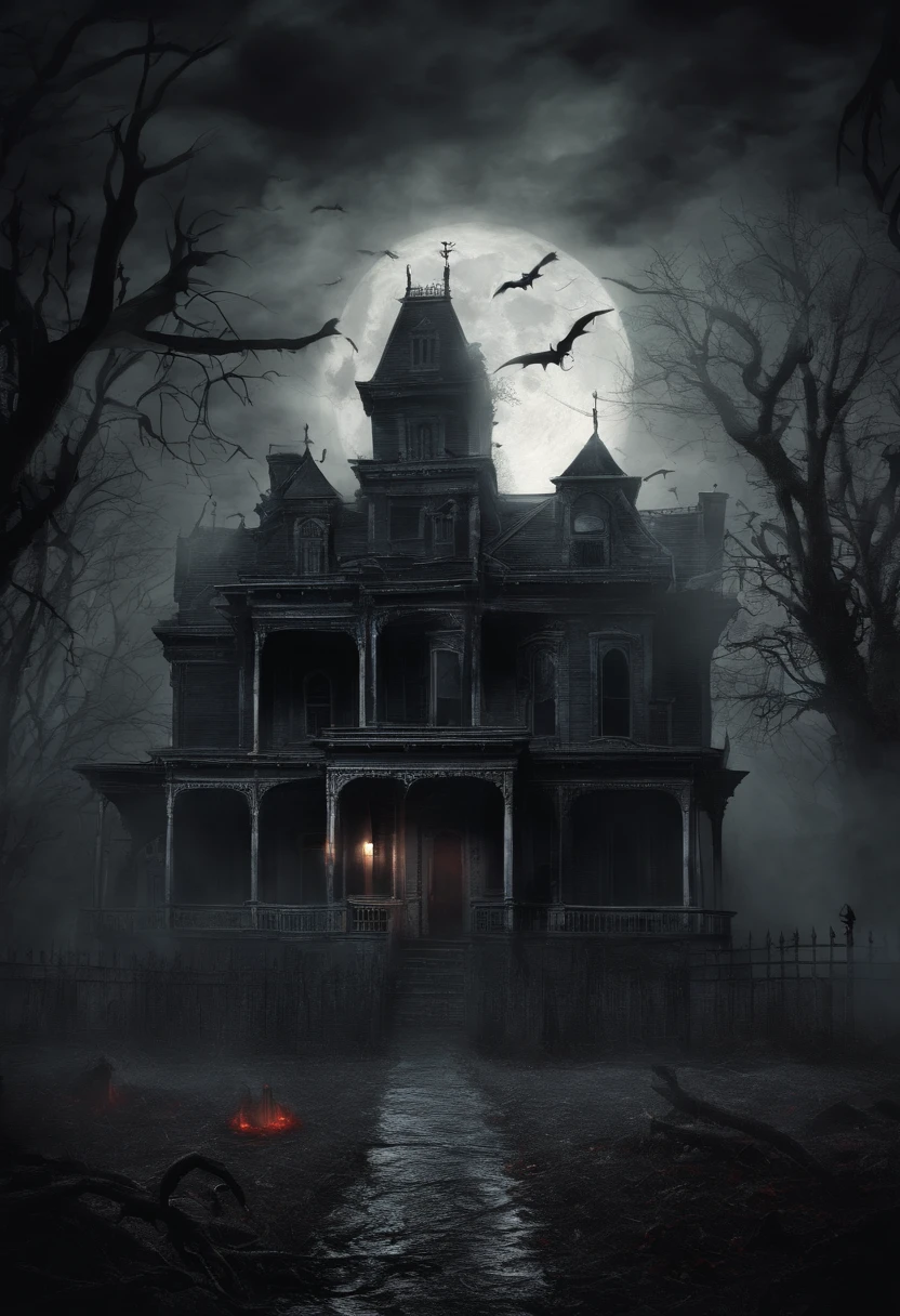 "Create a chilling and horrifying Halloween scene that captures the essence of terror, featuring a haunted mansion engulfed in an eerie fog, with sinister shadows lurking in the background, and a blood-red moon casting an ominous glow upon the scene."