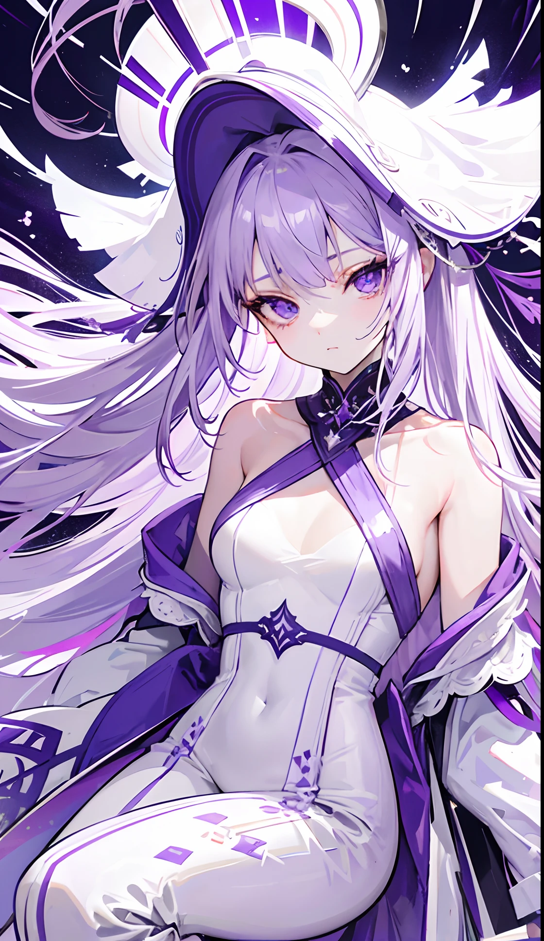 Purple-white hair covered her long face like a helmet，Make his long face look like a small one，Lovely white clothes，Complements a variety of shades of purple，There is a delicate makeup，shining face，Exquisite，Brilliant，dark purple eyes，Feel like a sweet girl