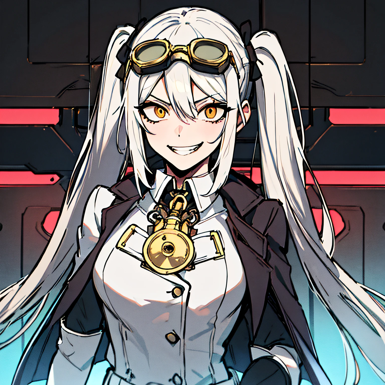 (absurdres, 8k, 4k, masterpiece, hyper extreme detailed:1.2), solo, 1girl, front view, perfect face, 1girl, portrait, expressive eyes, solo, standing, Female, girl with goggles and a chain around her neck, cyber goggles, victorian goggles, round goggles, goggles, cyberpunk monocle!, goggle eyes, steampunk googles, steampunk goggles, wearing victorian brass goggles, weak, female, small breasts, pale, cream colored hair, long hair, gold eyes, swept bangs, slim, slender, intelligent, genius, mad scientist, twin tails, Inventor, confident, perfect anatomy, futuristic, fingerless gloves, chest harness, pervert, half body, lab coat, belts, crazy face, crazy eyes, crazy smile, 1girl, futuristic, labcoat, white hair, mature, adult, attractive, skirt, hologram, monocle,  wide smile, jovial, poofy twin tails, big hair, tesla coil, evil. criminal, shaded face, shadow over eyes, insane, scary, menacing, malicious, shadows, nighttime, experiment,