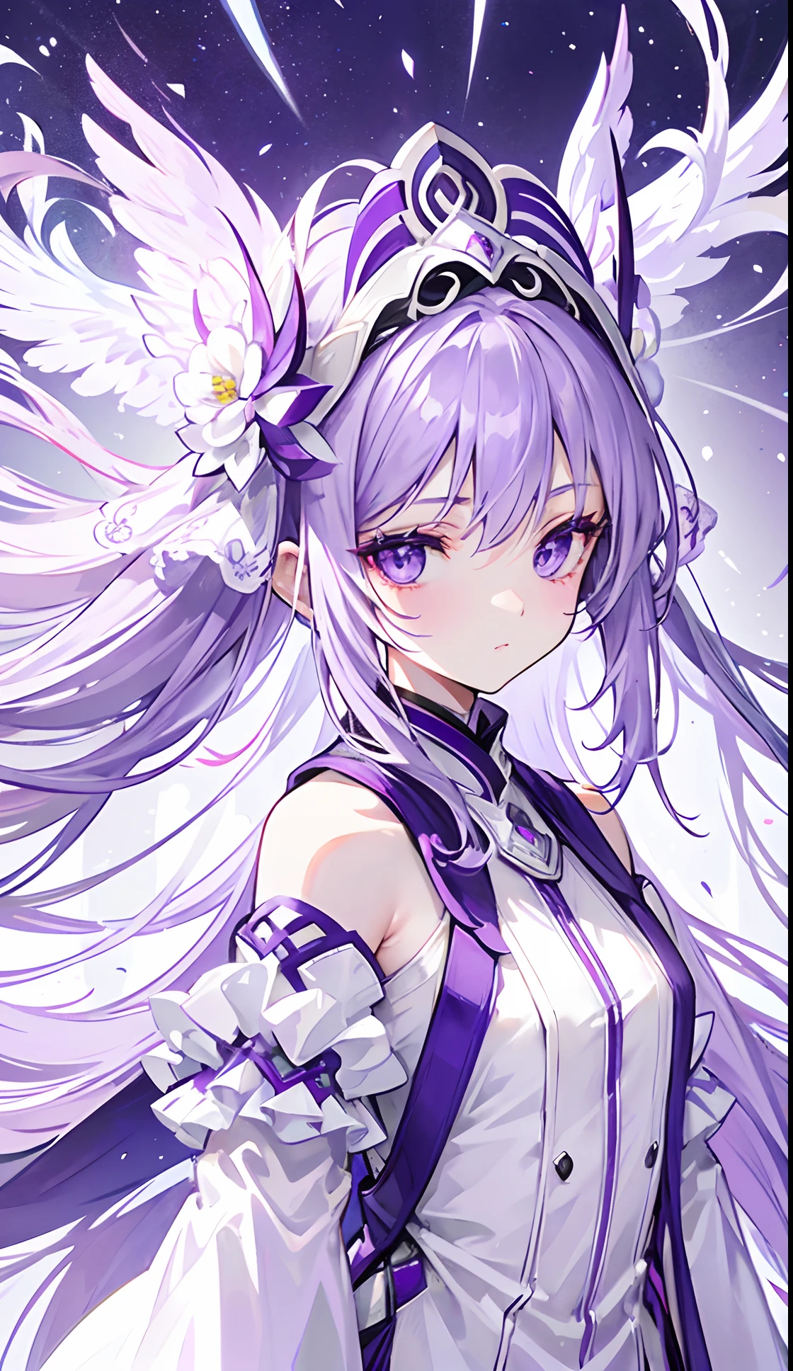 Purple-white hair covered her long face like a helmet，Make his long face look like a small one，Lovely white clothes，Complements a variety of shades of purple，There is a delicate makeup，shining face，Exquisite，Brilliant，dark purple eyes，Feel like a sweet girl