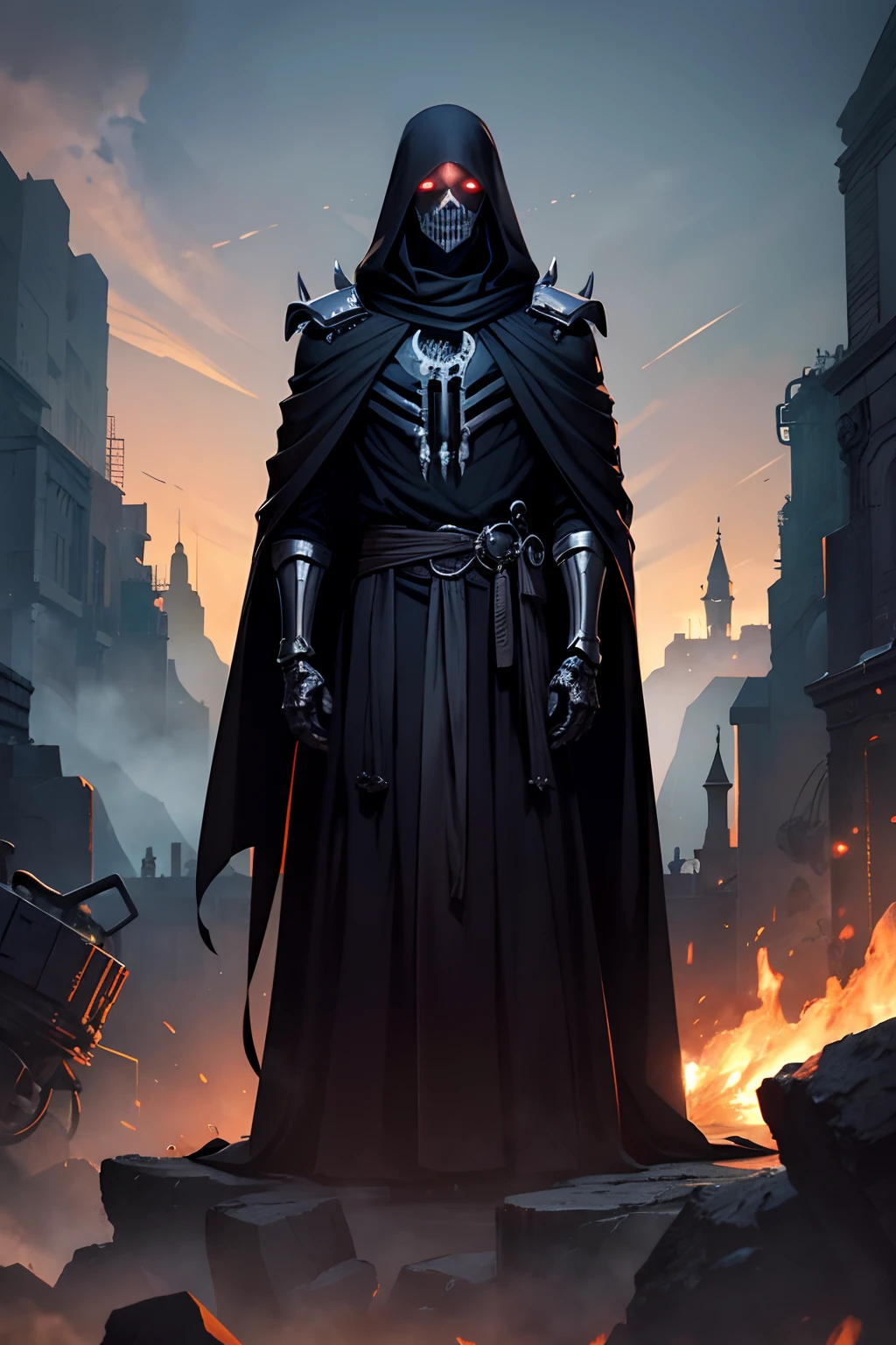 Personagem masculino "Death", manto, foice, Face with shadowy mask, olhos vermelhos, Manto preto, morte, rosto sinistro, Detalhes na cor roxa e preta, skeletal hands, magia, Black steel skeletal armor. Manto, capuz, robe, Scenery full of machines, tecnologia, landscape