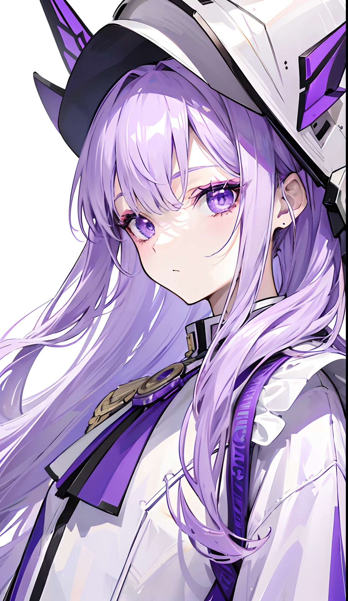 Purple-white hair covered her long face like a helmet,Make his long face look like a small one,Lovely white clothes,Complements a variety of shades of purple,There is a delicate makeup,shining face,Exquisite,Brilliant,dark purple eyes,Feel like a sweet girl