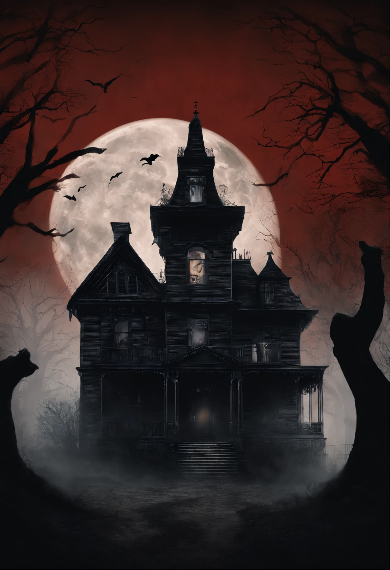 "Create a chilling and horrifying Halloween scene that captures the essence of terror, featuring a haunted mansion engulfed in an eerie fog, with sinister shadows lurking in the background, and a blood-red moon casting an ominous glow upon the scene."