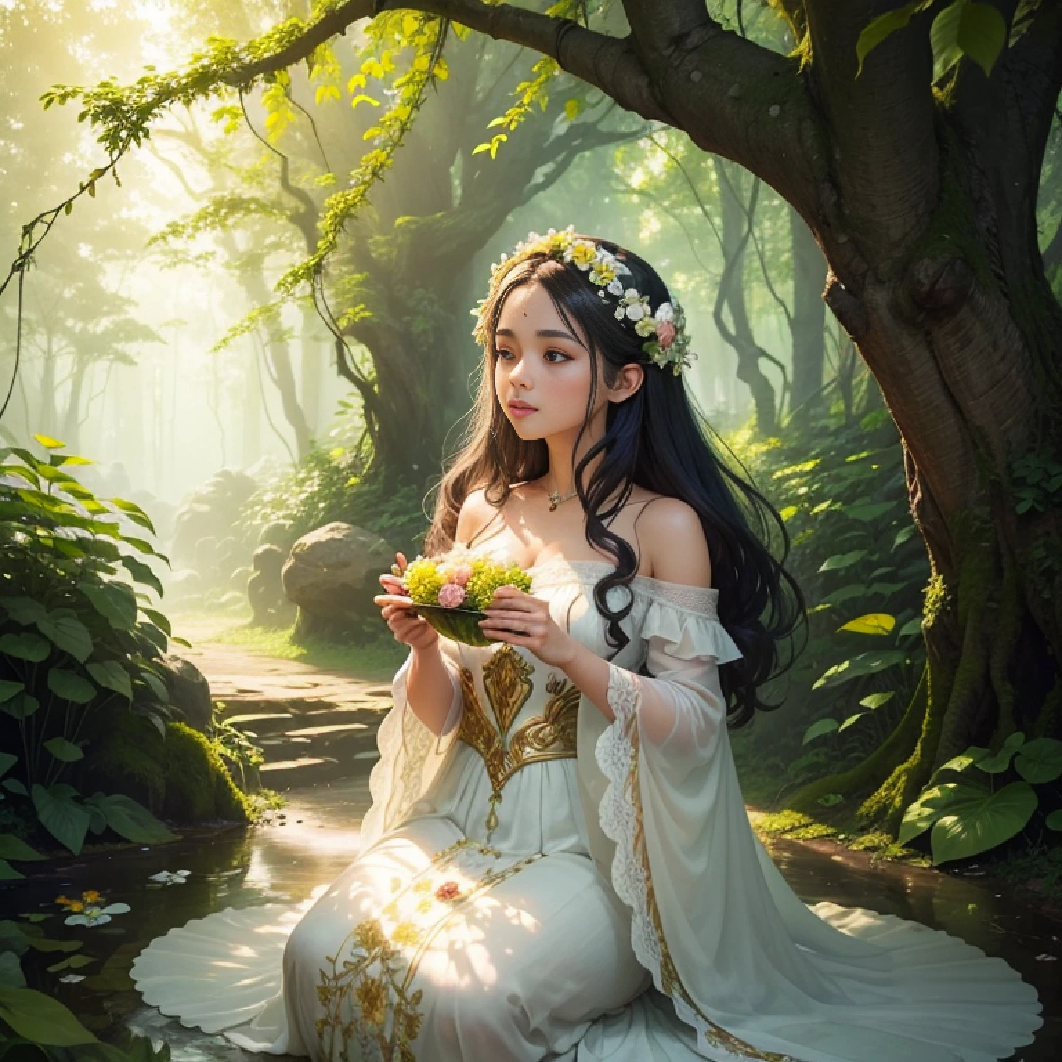 Crie uma imagem encantadora com uma fada floral como foco central. Imagine an extravagant forest scene where vibrant flowers and lush vegetation create a magical backdrop. A fada floral, a delicate and ethereal being, It hovers gracefully among the flowers, suas asas fofoqueiras brilhando sob a luz do sol fraca. She wears a dress woven of petals and leaves, adorned with intricate floral patterns that mirror its surroundings. The presence of the fairy is serene and captivating, seus olhos refletindo sabedoria e curiosidade. Ela interage harmoniosamente com a flora, its touch encouraging flowers to bloom and vines to intertwine. The air is alive with the sweet aroma of flowers, and soft rays of light filter through the leaves to illuminate their radiant form. The image should capture the spirit of nature's beauty and the fairy's connection to it. Utilize uma paleta de cores que espelhe os tons da floresta e sua flora, enquanto infunde a cena com um toque de magia que evoca maravilha e deleite. O resultado deve ser um retrato hipnotizante da fada floral, convidando os espectadores para seu reino encantador.