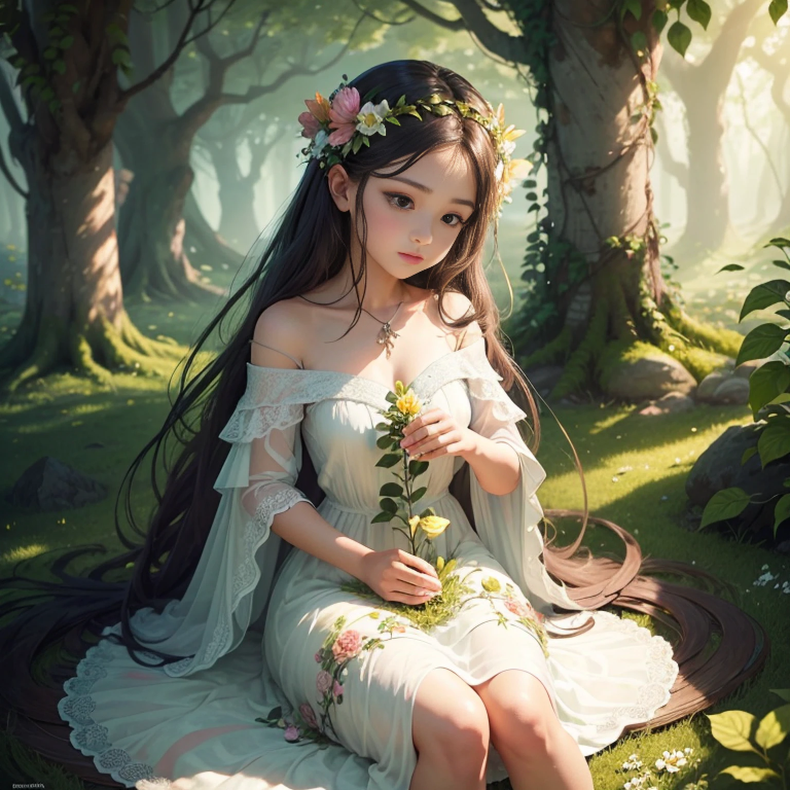Crie uma imagem encantadora com uma fada floral como foco central. Imagine an extravagant forest scene where vibrant flowers and lush vegetation create a magical backdrop. A fada floral, a delicate and ethereal being, It hovers gracefully among the flowers, suas asas fofoqueiras brilhando sob a luz do sol fraca. She wears a dress woven of petals and leaves, adorned with intricate floral patterns that mirror its surroundings. The presence of the fairy is serene and captivating, seus olhos refletindo sabedoria e curiosidade. Ela interage harmoniosamente com a flora, its touch encouraging flowers to bloom and vines to intertwine. The air is alive with the sweet aroma of flowers, and soft rays of light filter through the leaves to illuminate their radiant form. The image should capture the spirit of nature's beauty and the fairy's connection to it. Utilize uma paleta de cores que espelhe os tons da floresta e sua flora, enquanto infunde a cena com um toque de magia que evoca maravilha e deleite. O resultado deve ser um retrato hipnotizante da fada floral, convidando os espectadores para seu reino encantador.