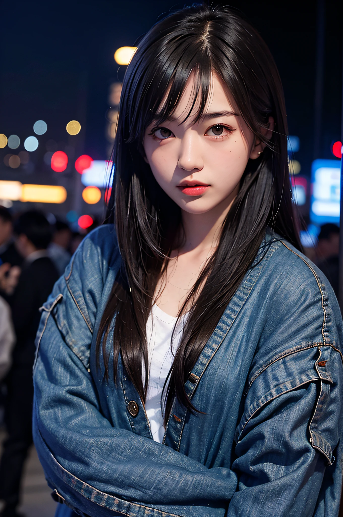 1girl, Tokyo street,night, cityscape,city lights, upper body,close-up, 8k, RAW photo, best quality, masterpiece,realistic, photo-realistic,