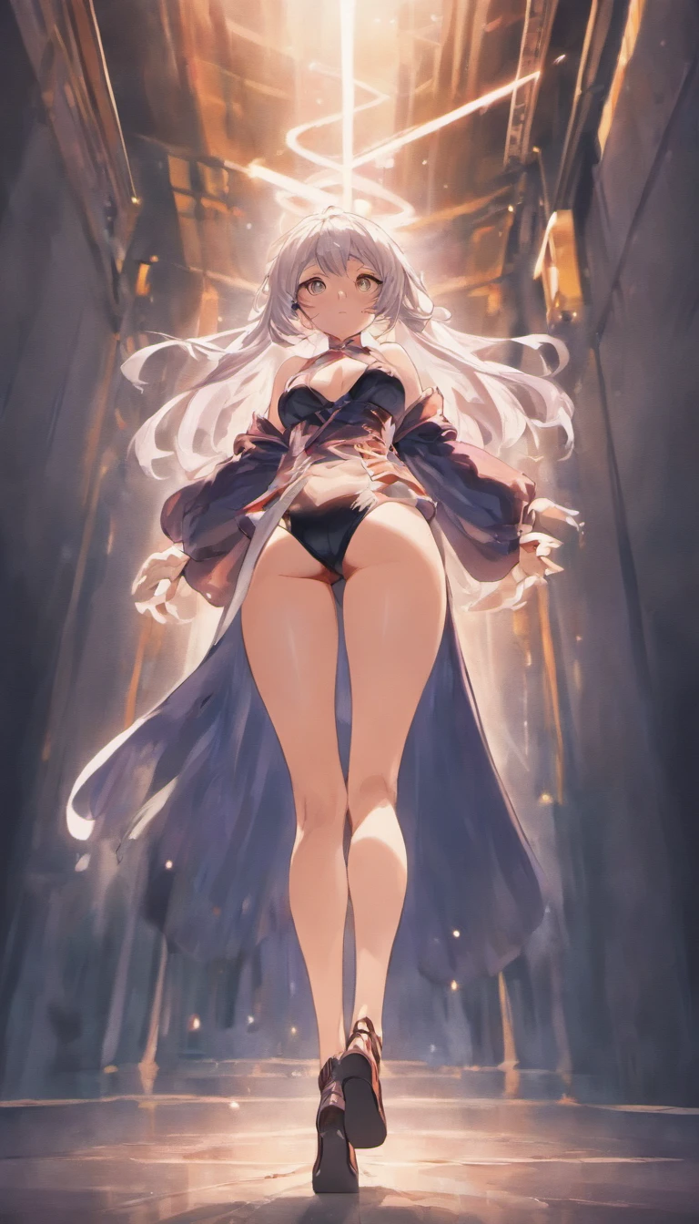 30 year old woman walking away, slowly taking off clothes, transparent black dress, long hair, white hair, large breast, large thighs