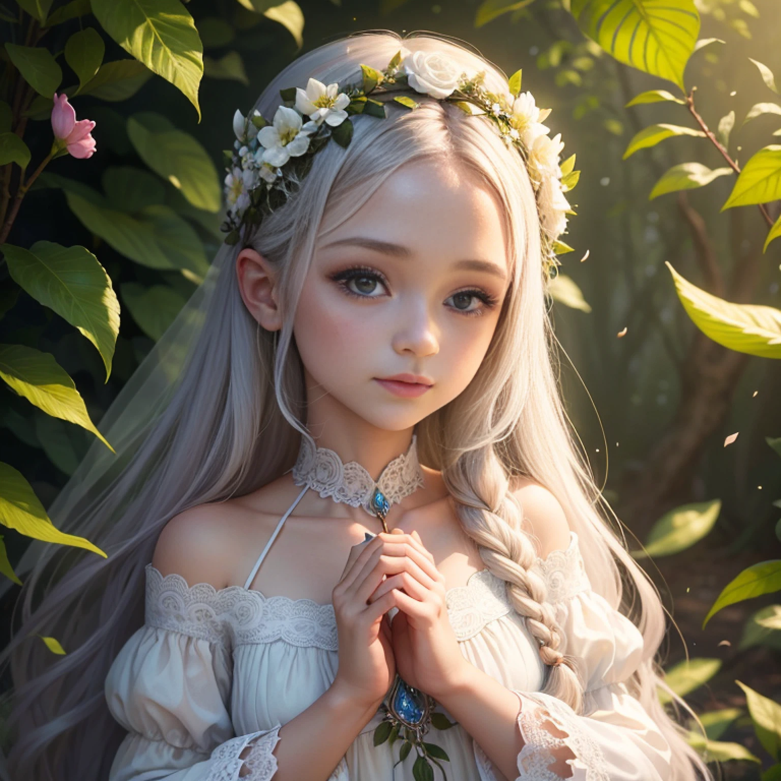 Crie uma imagem encantadora com uma fada floral como foco central. Imagine an extravagant forest scene where vibrant flowers and lush vegetation create a magical backdrop. A fada floral, a delicate and ethereal being, It hovers gracefully among the flowers, suas asas fofoqueiras brilhando sob a luz do sol fraca. She wears a dress woven of petals and leaves, adorned with intricate floral patterns that mirror its surroundings. The presence of the fairy is serene and captivating, seus olhos refletindo sabedoria e curiosidade. Ela interage harmoniosamente com a flora, its touch encouraging flowers to bloom and vines to intertwine. The air is alive with the sweet aroma of flowers, and soft rays of light filter through the leaves to illuminate their radiant form. The image should capture the spirit of nature's beauty and the fairy's connection to it. Utilize uma paleta de cores que espelhe os tons da floresta e sua flora, enquanto infunde a cena com um toque de magia que evoca maravilha e deleite. O resultado deve ser um retrato hipnotizante da fada floral, convidando os espectadores para seu reino encantador.