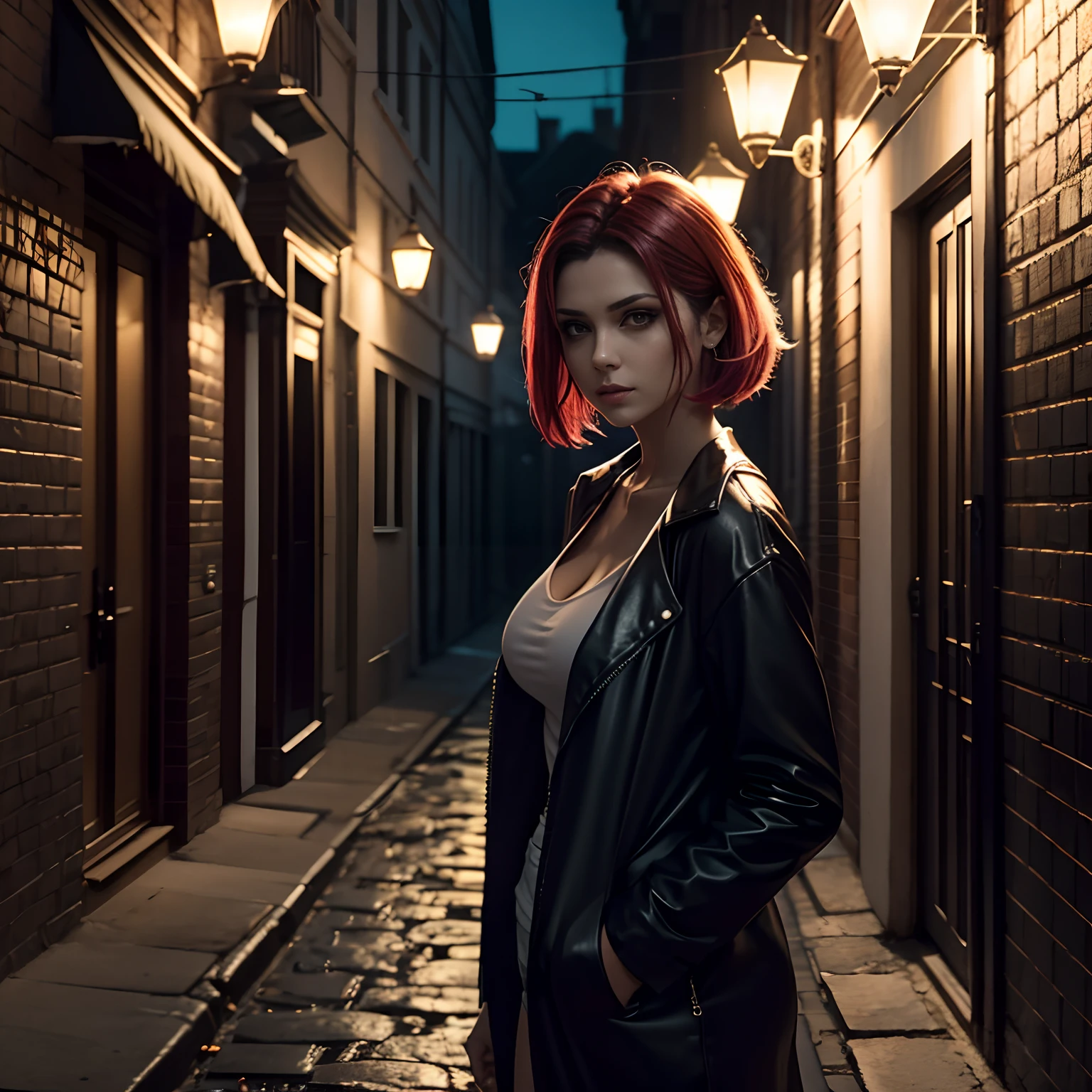 mulher de 30 anos, cabelos e olhos castanhos, com pensamentos suicidas, roupas estilo anos 90, sozinha em um canto escuro, Horror lighting, 8k UHD, fotorealista
