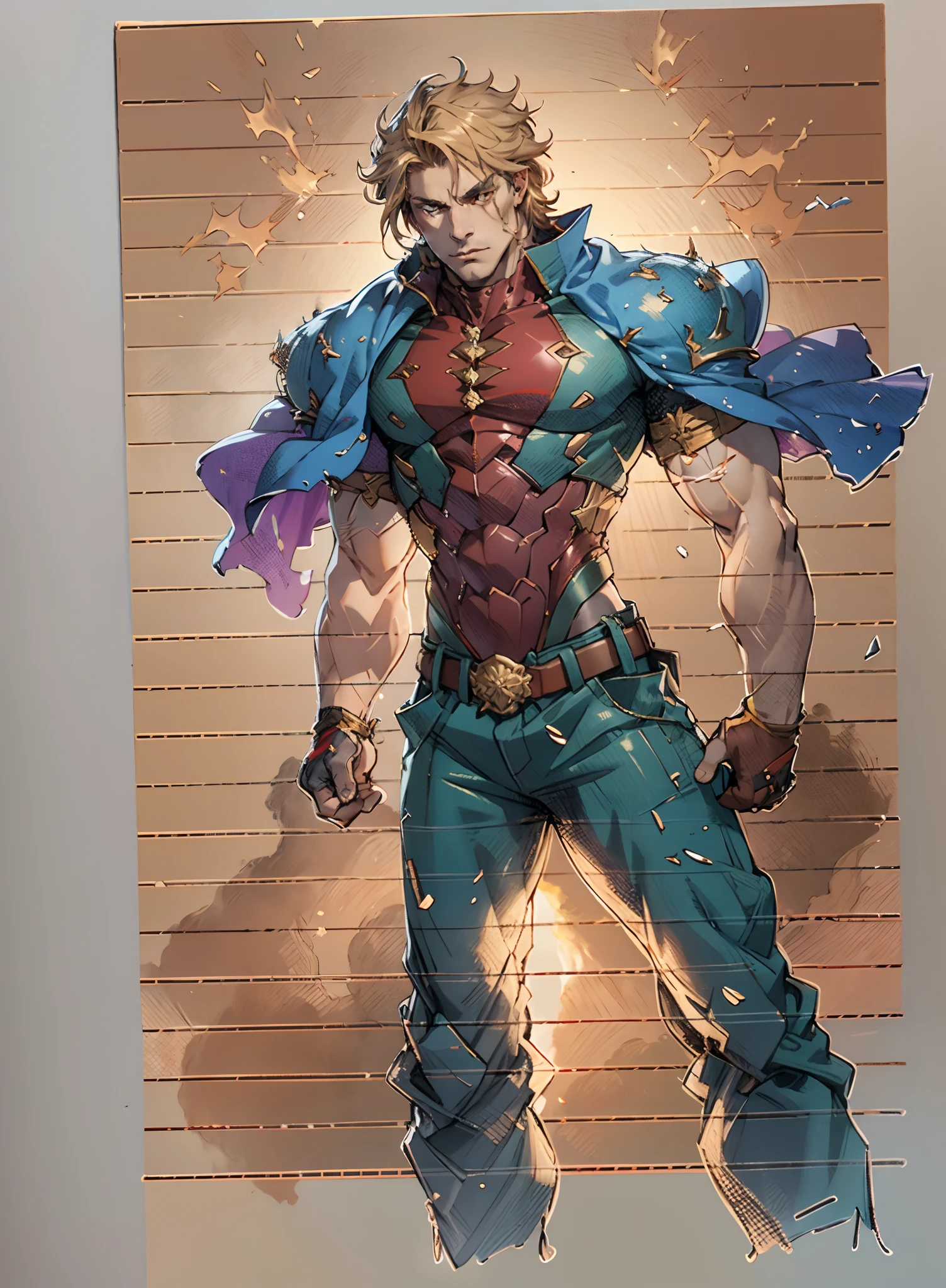 A middle-aged man with short golden hair, thick and tousled hair, a stern look, sharp eyes, well-defined facial features, a strong physique, he wears a short cape that flutters in the wind, a tight-fitting fantasy-style outfit, primarily in shades of blue-purple, accented by touches of orange-red and white, a gold belt with red jewels, matching trousers, the backdrop of a raging sea battle scene, a scene of intense naval warfare unfolds, this character embodies a finely crafted fantasy-style formidable maritime overlord in anime style, characterized by an exquisite and mature manga illustration art style, high definition, best quality, highres, ultra-detailed, ultra-fine painting, extremely delicate, professional, anatomically correct, symmetrical face, extremely detailed eyes and face, high quality eyes, creativity, RAW photo, UHD, 8k, Natural light, cinematic lighting, masterpiece:1.5