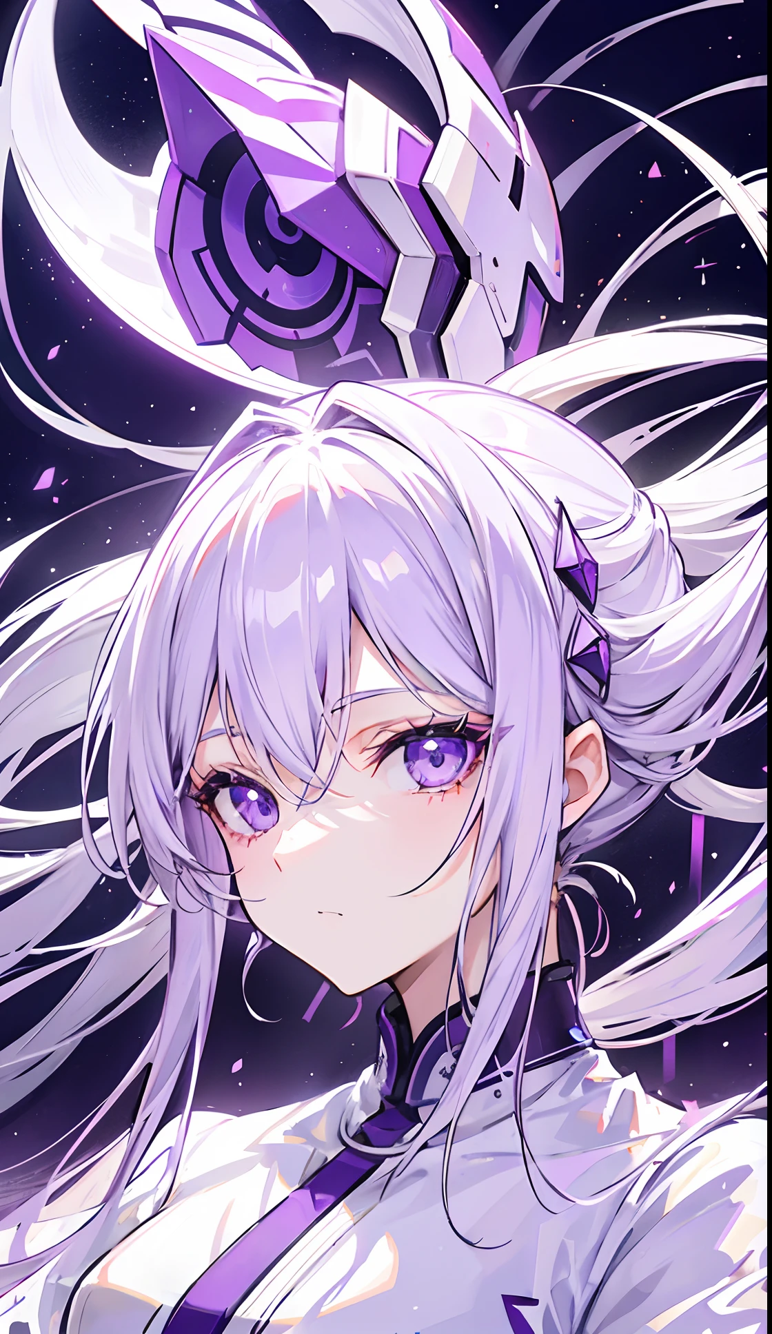 Purple-white hair covered her long face like a helmet,Make his long face look like a small one,Lovely white clothes,Complements a variety of shades of purple,There is a delicate makeup,shining face,Exquisite,Brilliant,dark purple eyes,Feel like a sweet girl