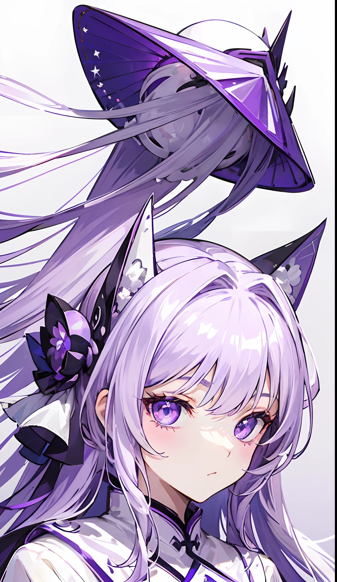 Purple-white hair covered her long face like a helmet,Make his long face look like a small one,Lovely white clothes,Complements a variety of shades of purple,There is a delicate makeup,shining face,Exquisite,Brilliant,dark purple eyes,Feel like a sweet girl