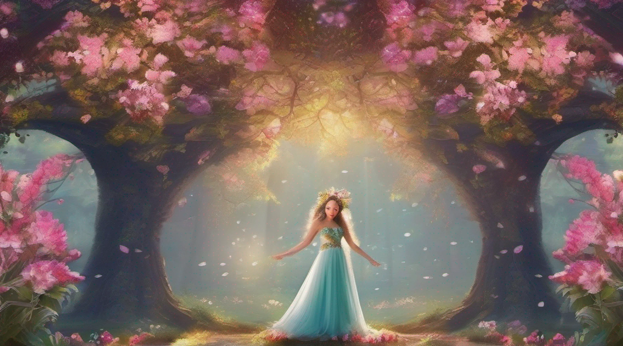 Crie uma imagem encantadora com uma fada floral como foco central. Imagine an extravagant forest scene where vibrant flowers and lush vegetation create a magical backdrop. A fada floral, a delicate and ethereal being, It hovers gracefully among the flowers, suas asas fofoqueiras brilhando sob a luz do sol fraca. She wears a dress woven of petals and leaves, adorned with intricate floral patterns that mirror its surroundings. The presence of the fairy is serene and captivating, seus olhos refletindo sabedoria e curiosidade. Ela interage harmoniosamente com a flora, its touch encouraging flowers to bloom and vines to intertwine. The air is alive with the sweet aroma of flowers, and soft rays of light filter through the leaves to illuminate their radiant form. The image should capture the spirit of nature's beauty and the fairy's connection to it. Utilize uma paleta de cores que espelhe os tons da floresta e sua flora, enquanto infunde a cena com um toque de magia que evoca maravilha e deleite. O resultado deve ser um retrato hipnotizante da fada floral, convidando os espectadores para seu reino encantador.