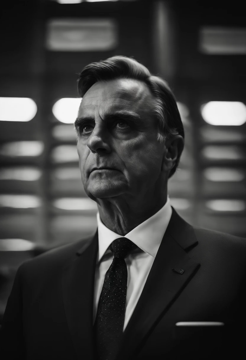 Arafed foto em preto e branco de um homem de terno e gravata, a black and white photo by Antônio Parreiras, Unsplash, arte digital, jair bolsonaro, bolsonaro, Presidente do Brasil, gui guimaraes, looking serious, Janusz Jurek, imagem de perfil, olhar intenso, Retrato Corporativo