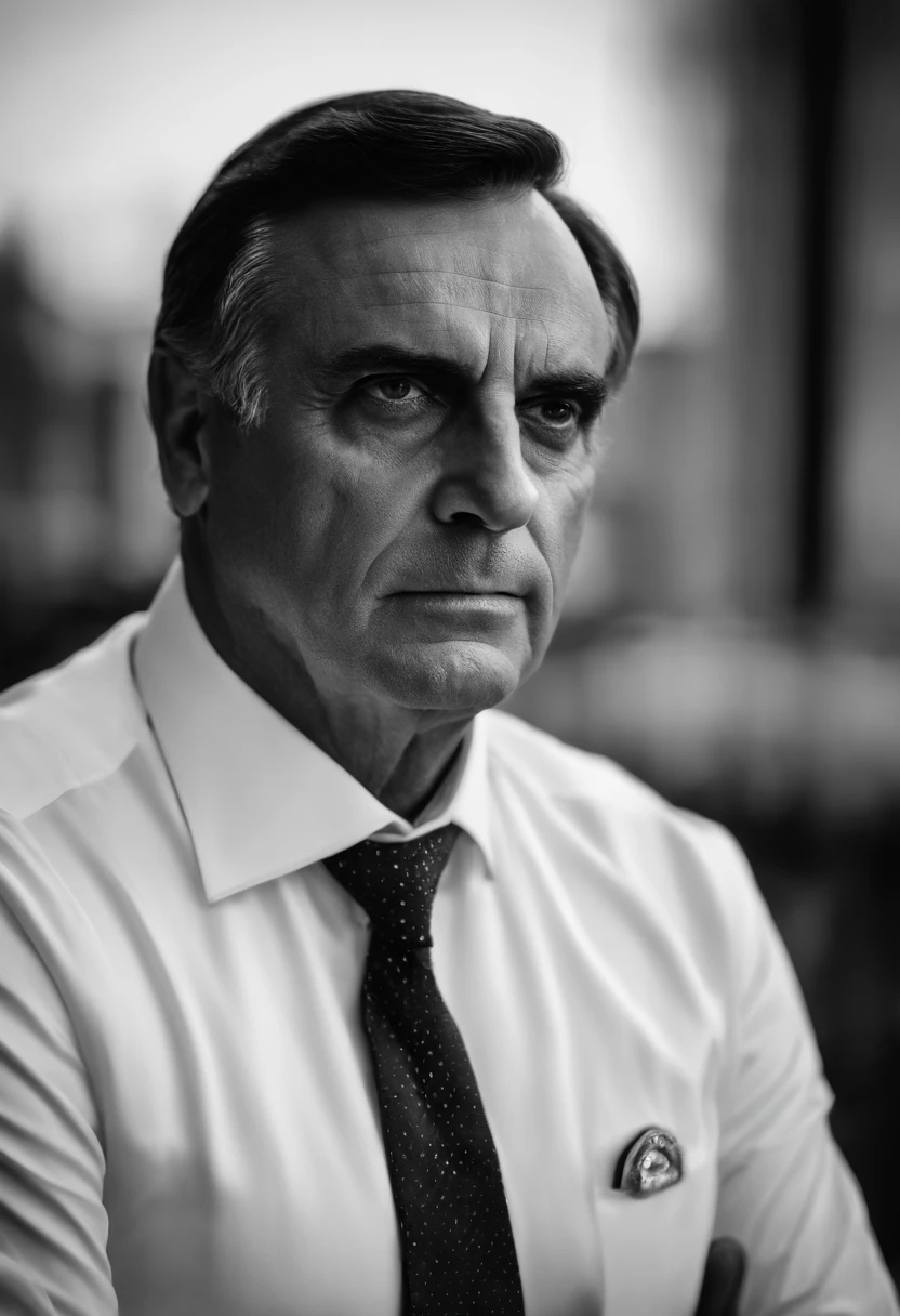 Arafed foto em preto e branco de um homem de terno e gravata, a black and white photo by Antônio Parreiras, Unsplash, arte digital, jair bolsonaro, bolsonaro, Presidente do Brasil, gui guimaraes, looking serious, Janusz Jurek, imagem de perfil, olhar intenso, Retrato Corporativo