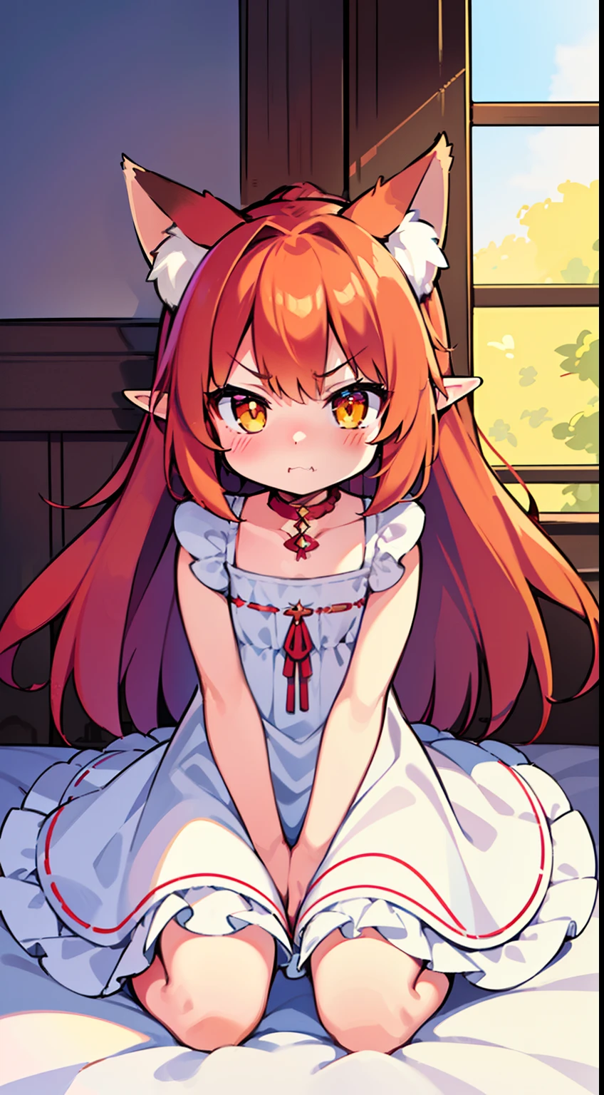 (Original Character,8k, Masterpiece, Best Quality,Detailed, Beautiful Detailed Eyes, solo),((1loli girl,4 years old)),((small body)),little white dress,red hair,long hair,yellow eyes,elves ears,fox ears,loli,solo,cute,angry,blush,cowboy shot,sitting on the bed in his chambers in the castle