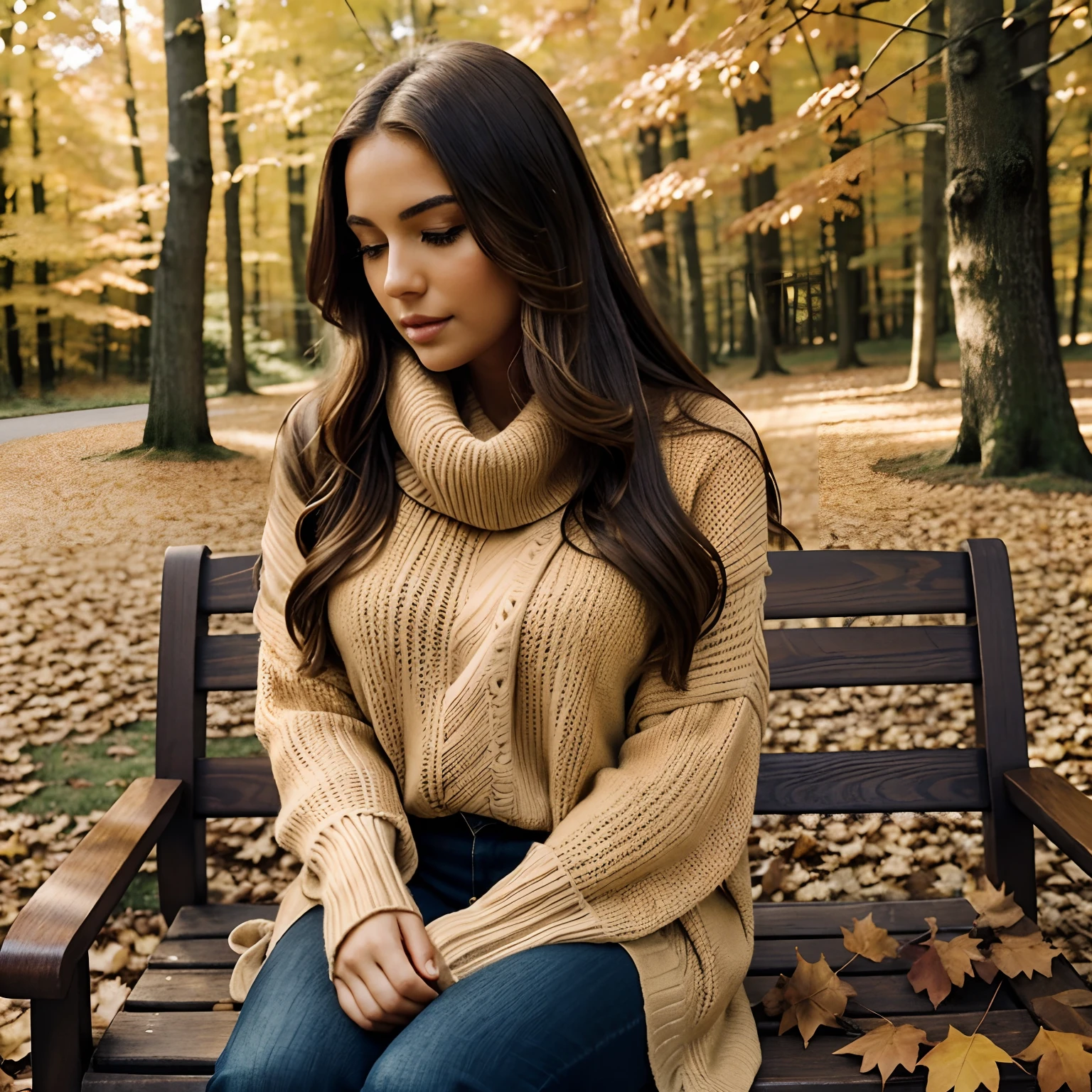 Generate a full-body photograph of Autumn, the stunning brunette influencer, in her mid-20s, standing at approximately 5'4" tall. She's wrapped in a cozy, oversized, caramel-colored sweater, and her long, wavy chestnut hair cascades gracefully over her shoulders. She has an athletic hourglass figure accentuated by her full bust, and her complexion boasts a flawless, sun-kissed tan. Autumn's expressive brown eyes exude warmth and charisma, while her demeanor radiates relaxation and confidence.
Surround her with a picturesque autumn forest scene, with a vibrant tapestry of red, orange, and yellow leaves adorning the trees. The soft, golden afternoon sunlight filters through the foliage, creating a warm and inviting atmosphere.
For her poses, capture Autumn in moments of coziness and relaxation. She can be sitting on a rustic wooden bench, sipping from a steaming cup of tea, or perhaps wrapped in a warm blanket while enjoying a book. Emphasize the serene and comforting essence of Autumn's Cozy Fall Retreat.
Ensure the image maintains a sense of photorealistic detail, intricate lighting, and shadows that enhance the overall atmosphere. The goal is to create a hyper-realistic depiction of Autumn's serene autumn getaway.