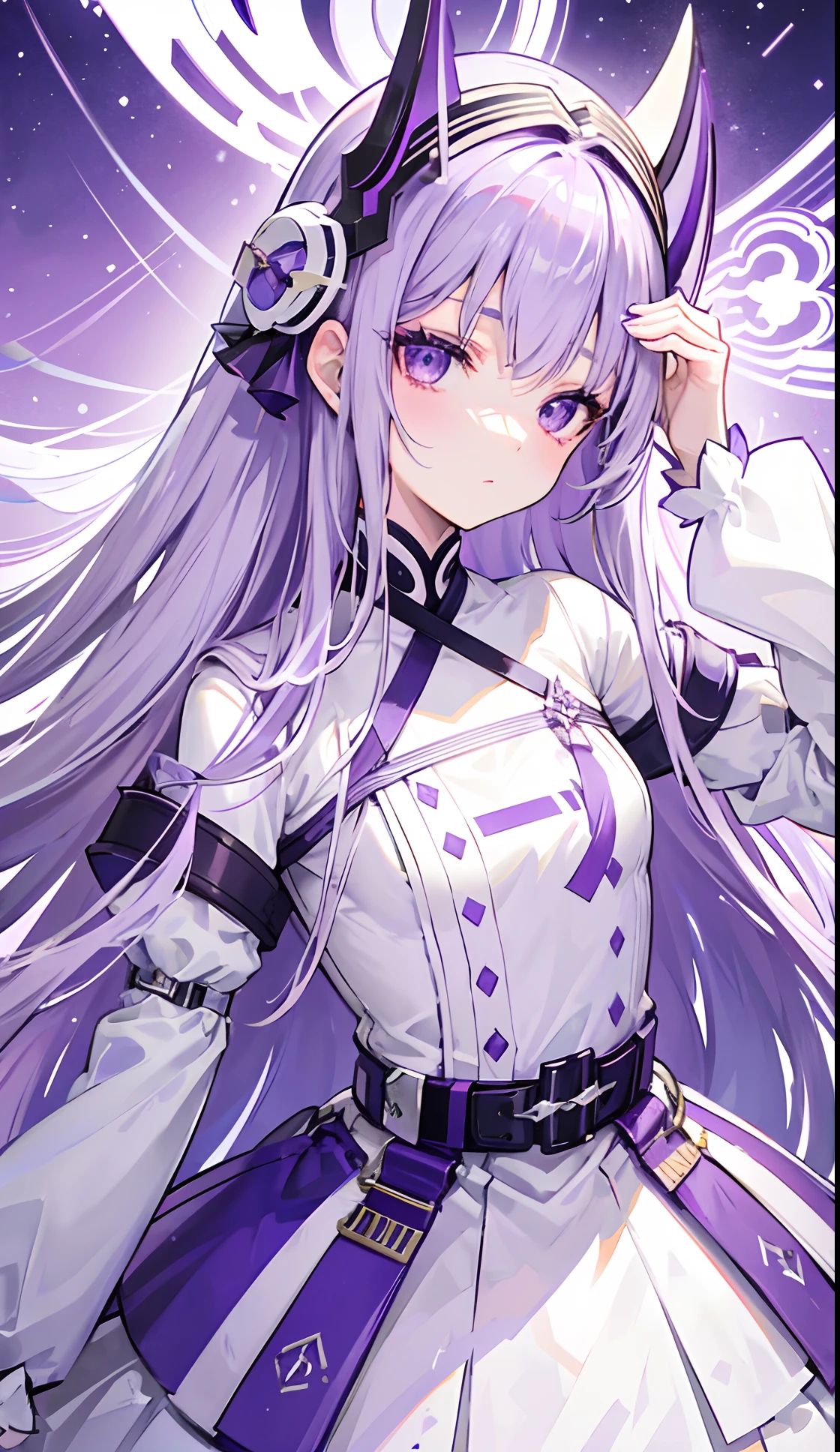 Purple-white hair covered her long face like a helmet,Make his long face look like a small one,Lovely white clothes,Complements a variety of shades of purple,There is a delicate makeup,shining face,Exquisite,Brilliant,dark purple eyes,Feel like a sweet girl