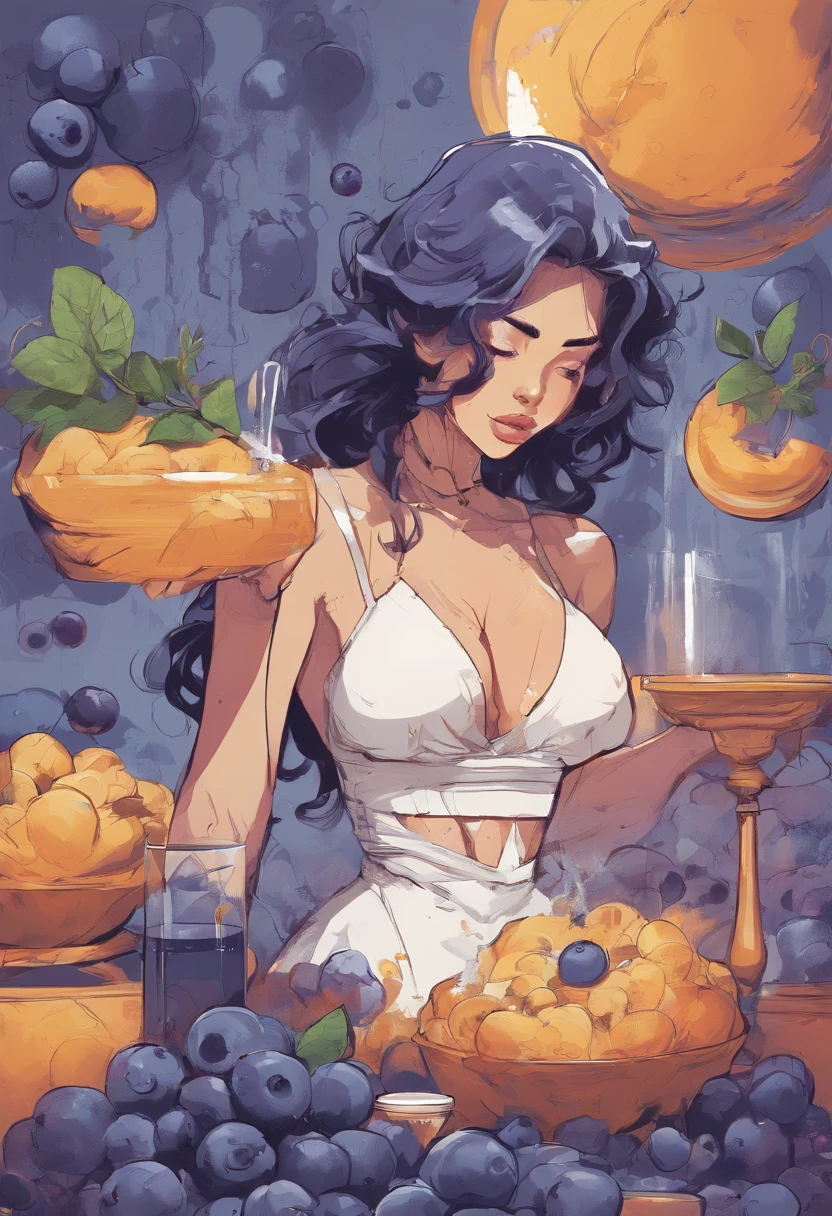 rule34 art of a girl turning into a large round blueberry with juice leaking from her nipples