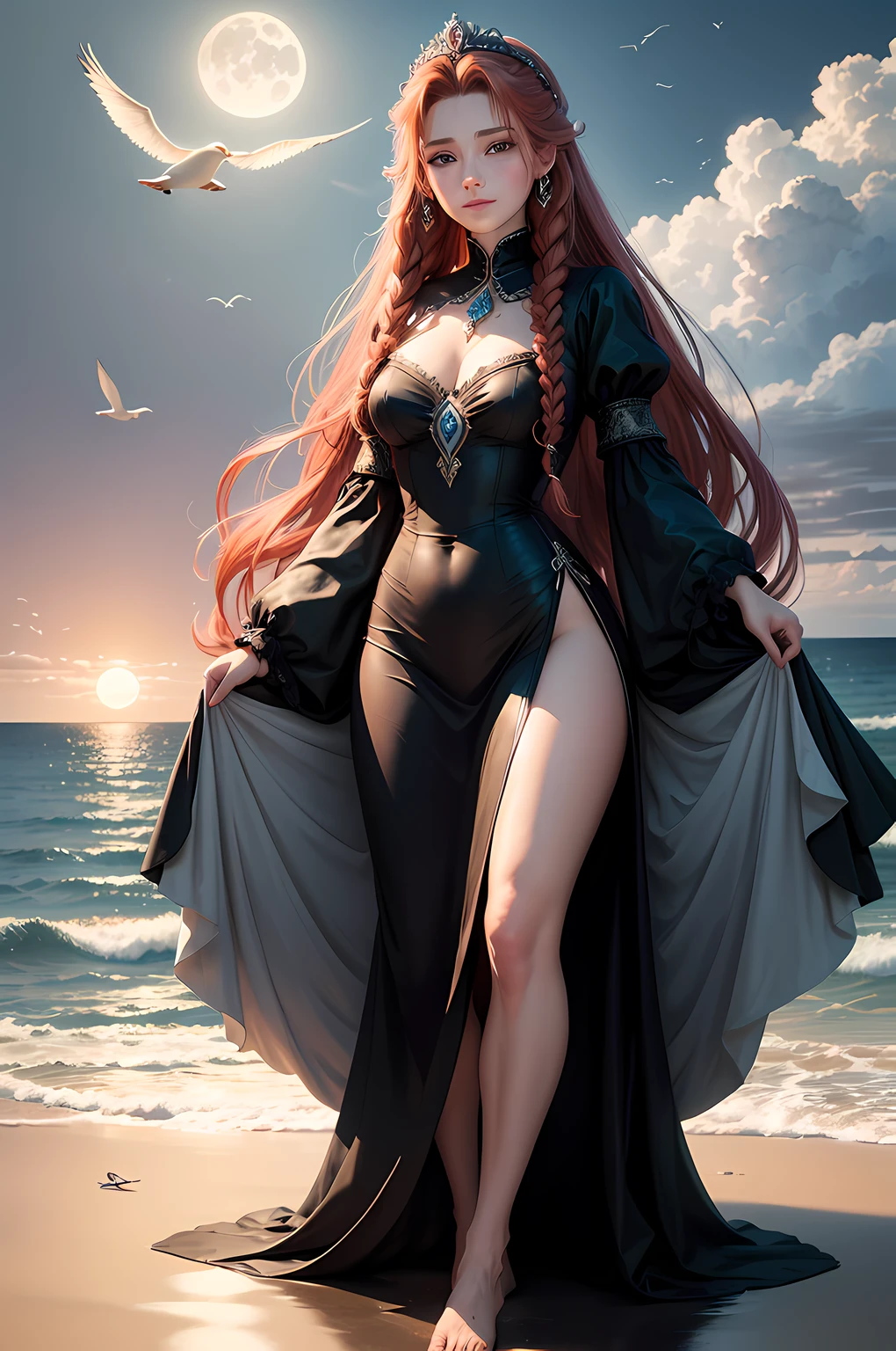 ,((Best quality))),8k,((Masterpiece)),(Extremely refined and beautiful), there is a girl coming out of the sea, a swan princess in Russian mythology, beautiful aerith face, long red hair braided, the moon braided hair on the back of the head, black old Russian shiny clothes with a Kokoshnik crown on his head, beautiful eyes, affectionate eyes, half a smile, a gentle expression on his face, seascape and moonlight in the background, seagulls in the sky, full length, realism