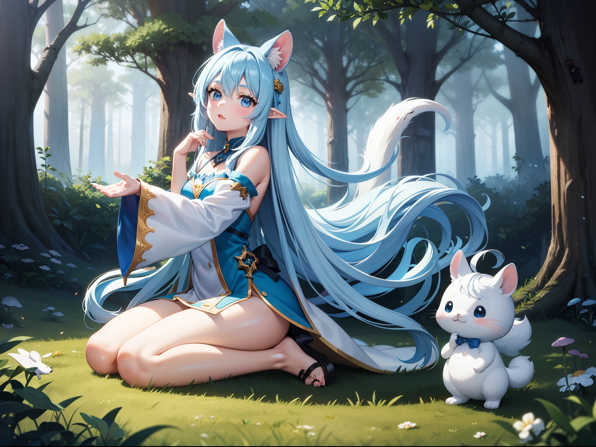 in woods White-eared long-eared rabbit、I'm with a girl with long blue hair and a chibi character。Bears and deer are also with us。It is a cute white and blue costume。White panty Dark eyes。Adorable Digital Painting, cute detailed digital art, the squirrel king, Cute digital art, cute cartoon characters, cute character, CuteCreatures, Cutie, official illustrations, Official art, squirrel, maplestory mouse, astri lohne, cute 3d render