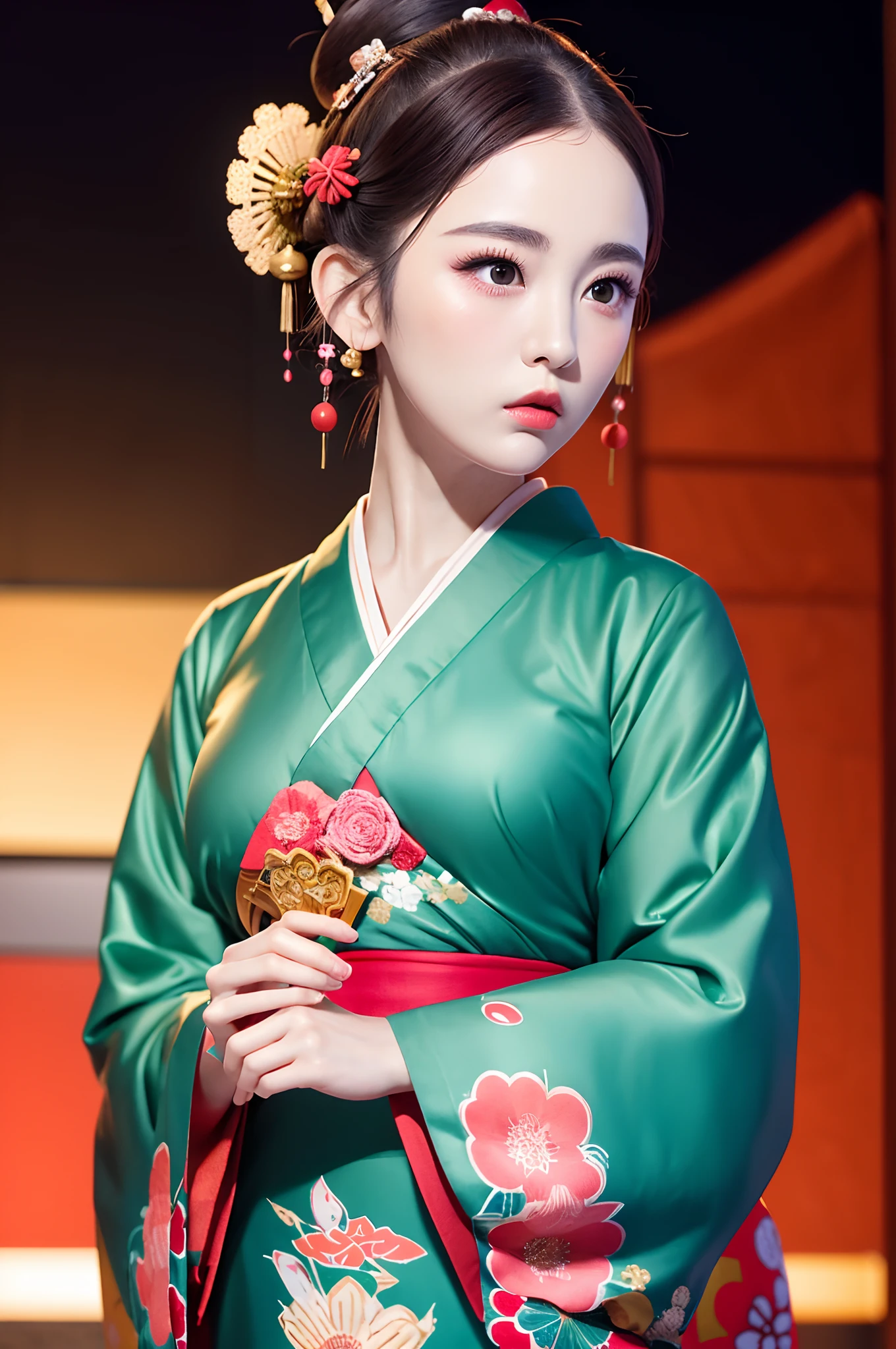1girl,single hairbun,oiran hair ornament,oiran hairsticks,(looking at viewer), (bokeh:1.1), parted lips,expressionless, realistic, meditation,starry sky,night, qipao,
pants, skyline,
realistic, llfGulnazarV2