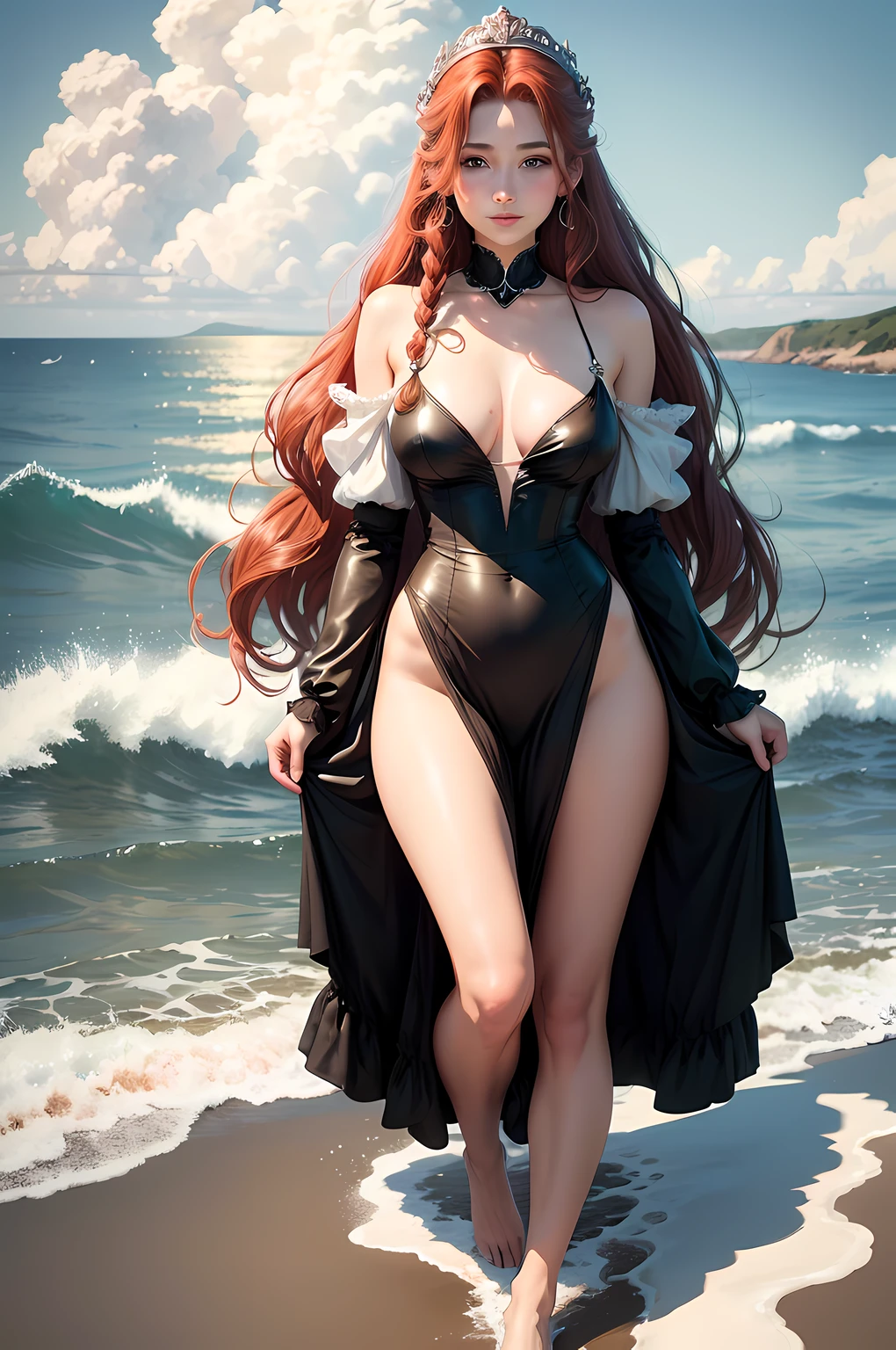 ,((Best quality))),8k,((Masterpiece)),(Extremely refined and beautiful), there is a girl coming out of the sea, a swan princess in Russian mythology, beautiful aerith face, long red hair braided, the moon braided hair on the back of the head, black old Russian shiny clothes with a Kokoshnik crown on his head, beautiful affectionate eyes, half a smile, a gentle expression on his face, seascape and sunlight in the background, seagulls in the sky, full length, realism