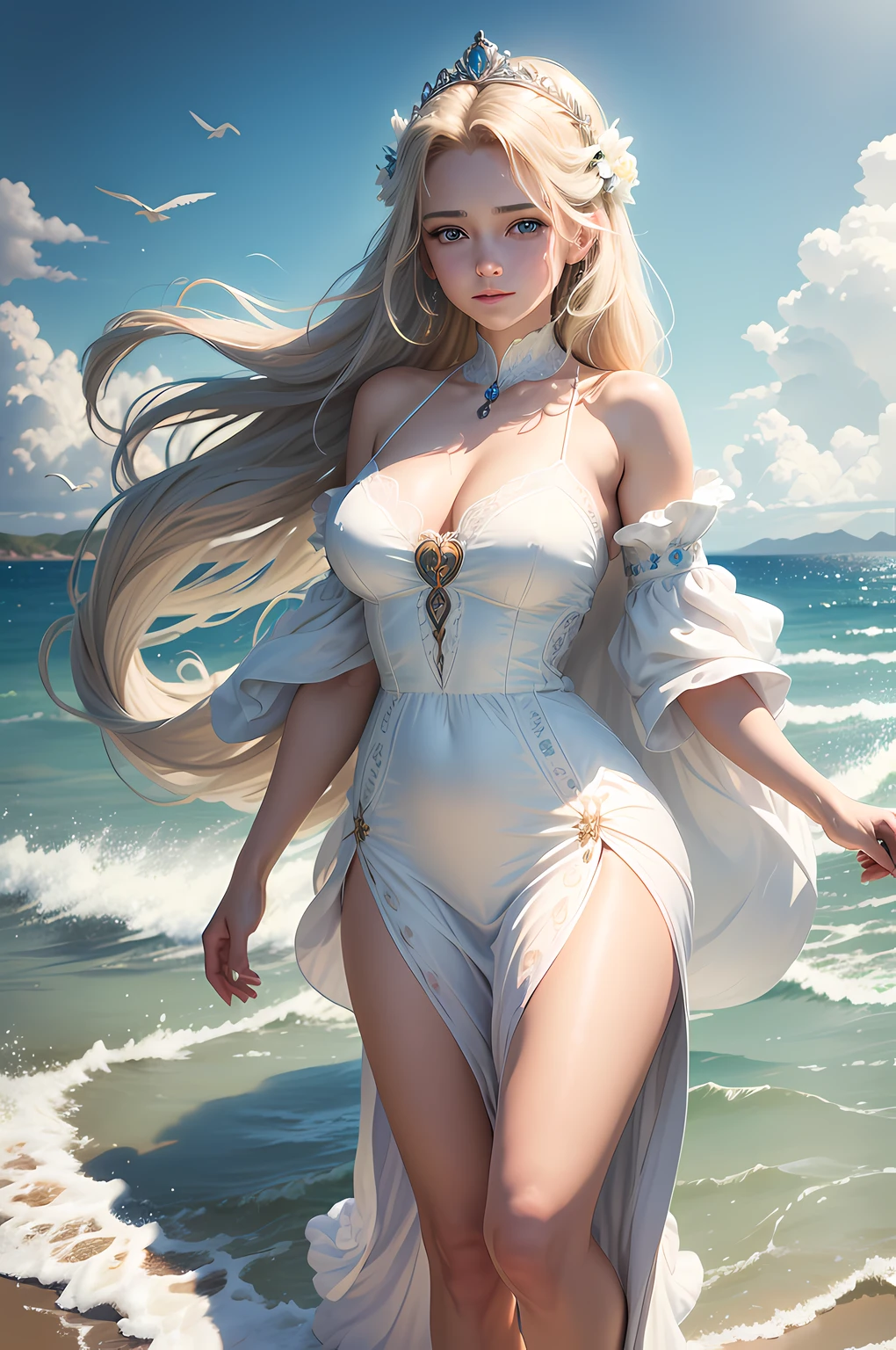 ,((Best quality))),8k,((Masterpiece)),(Extremely refined and beautiful), there is a girl coming out of the sea, a swan princess in Russian mythology, beautiful aerith face, beautiful detailed blue eyes, long blonde hair braided, the moon braided hair on the back of the head, white old Russian shiny clothes with a Kokoshnik crown on his head, affectionate eyes, half a smile, a gentle expression on his face, seascape and sunlight in the background, seagulls in the sky, full length, realism