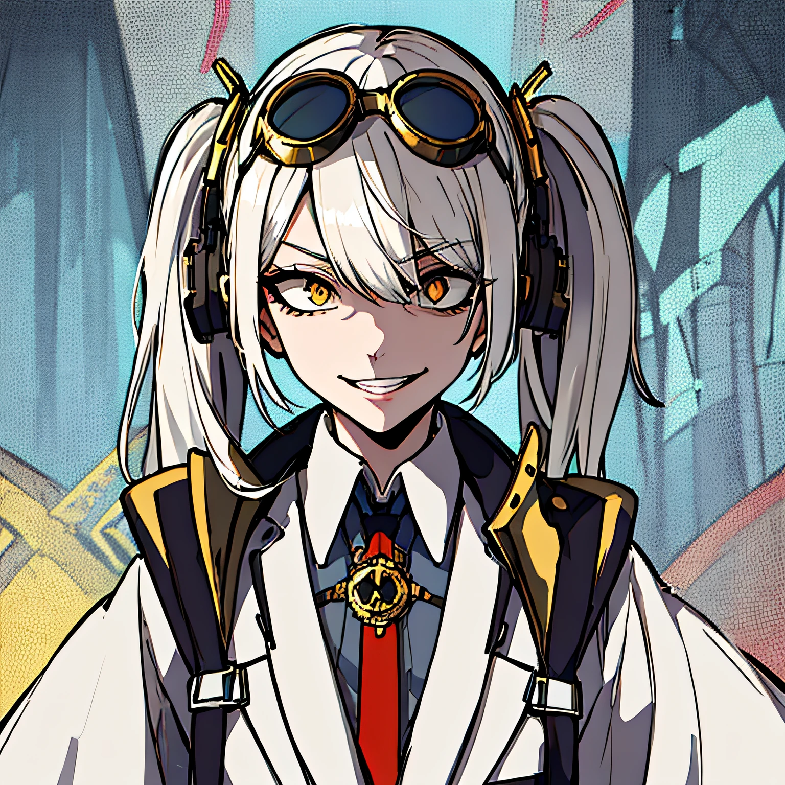 (absurdres, 8k, 4k, masterpiece, hyper extreme detailed:1.2), solo, 1girl, front view, perfect face, 1girl, portrait, expressive eyes, solo, standing, Female, girl with goggles and a chain around her neck, cyber goggles, victorian goggles, round goggles, goggles, cyberpunk monocle!, goggle eyes, steampunk googles, steampunk goggles, wearing victorian brass goggles, weak, female, small breasts, pale, cream colored hair, long hair, gold eyes, swept bangs, slim, slender, intelligent, genius, mad scientist, twin tails, Inventor, confident, perfect anatomy, futuristic, fingerless gloves, chest harness, pervert, half body, lab coat, belts, crazy face, crazy eyes, crazy smile, 1girl, futuristic, labcoat, white hair, mature, adult, attractive, skirt, hologram, monocle,  wide smile, jovial, poofy twin tails, big hair, tesla coil, evil. criminal, shaded face, shadow over eyes, insane, scary, menacing, malicious, shadows, nighttime, experiment,