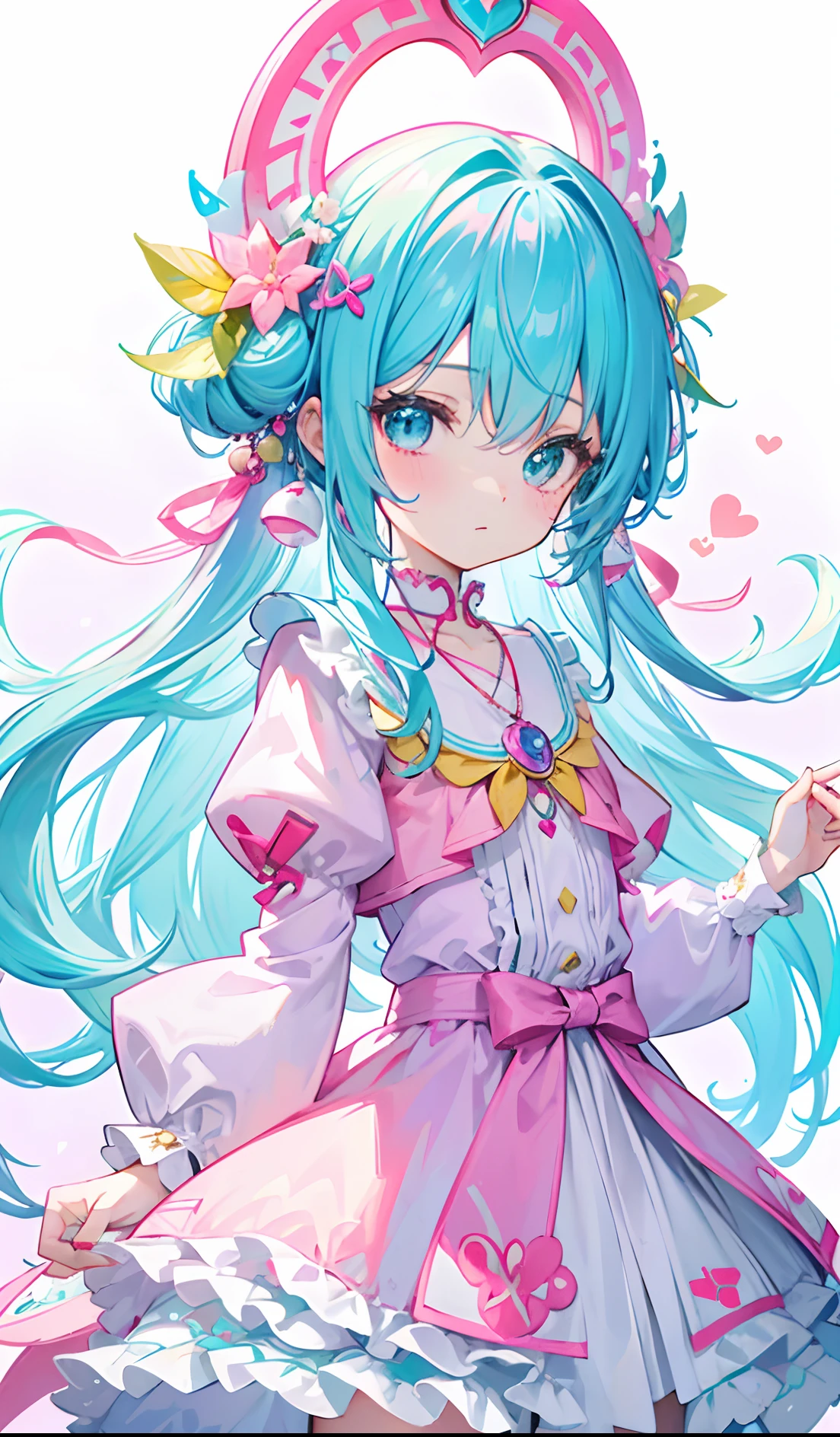 Colorful light background,long whitr hair,Has a bright pinkish-purple transparent gum texture,In pink、Wear yours with blue and white,yellow and greens,Cyan matching accessories pendant decoration,This is a very sweet and sweet li girl
