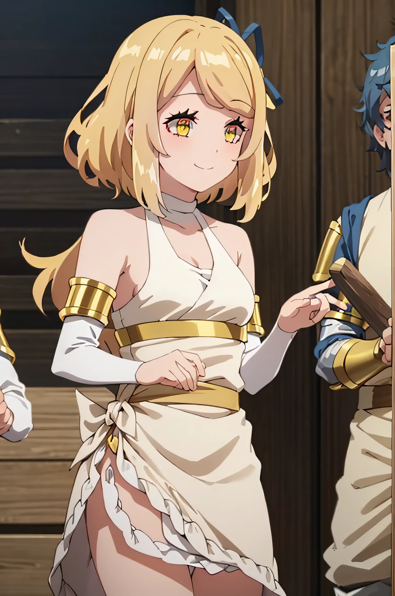 1girl,tia,blonde,golden eyes,yellow eyes,holding head of the dragon,covered in blood,mance, mischievous smile,clothes teated apart
