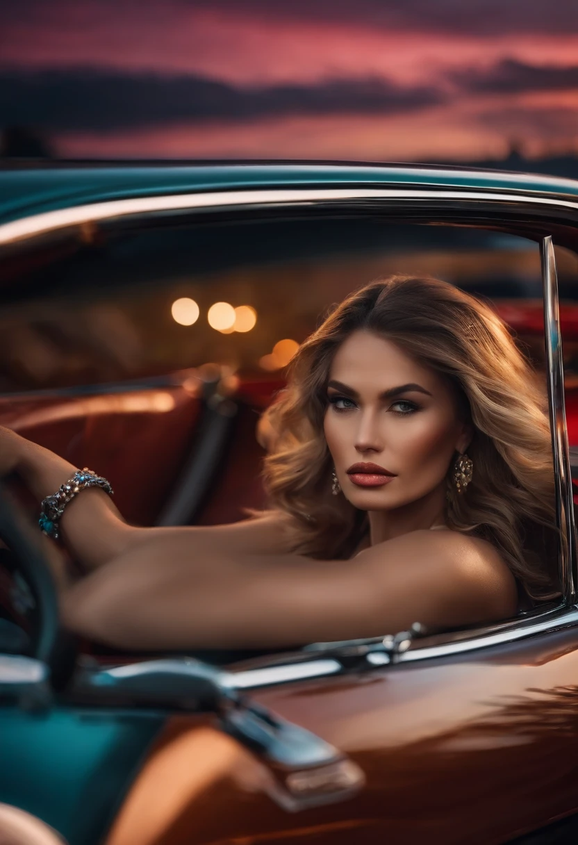 Mulher peituda perto de carros de luxo