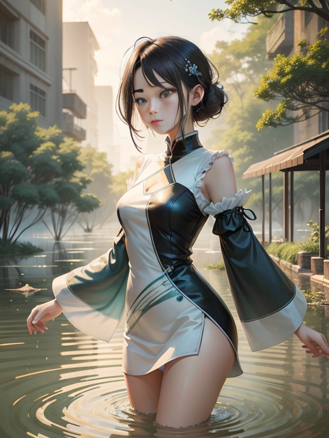 1female,for ,bit girl,Small loli,smalluboob,Raised sexy,Pornographic exposure, 独奏,(Background with:Surrounded by lotus flowers,bamboo forrest,Lotus pond,lotuses,lotus flower,china rose,rosette,chrysanthemums) She has short black hair,Stand underwater,Sweat profusely,drenched all over the body,seen from the front, hair straight, mostly cloudy sky,(((tmasterpiece),(Very detailed CG unity 8K wallpaper),best qualtiy,cinmatic lighting,detailed back ground,beatiful detailed eyes,Bright pupils,(Very fine and beautiful),(Beautiful and detailed eye description),Black eyes,Redlip,ultra - detailed,tmasterpiece,)),facing at camera,(The upper part of the body),A high resolution,ultra - detailed),revealing breasts,Bare genitalia, Bulge,legs are open,sexyposture,Camel toes,Flushed complexion,Open-mouthed,frontage,elementary student,A ball head,Lotus hair ornaments(Wearing:White transparent cheongsam,Red streamer)
