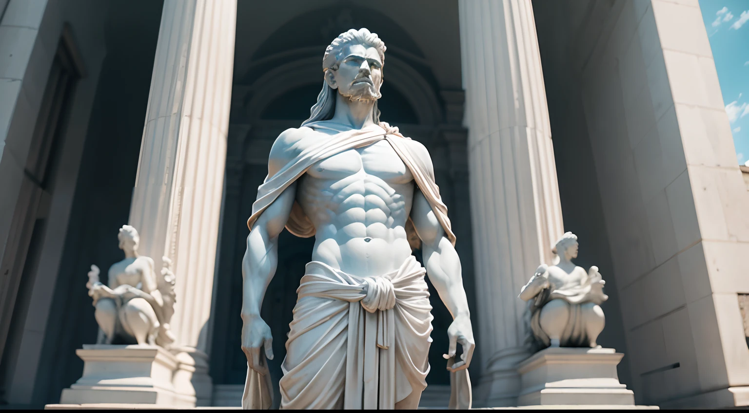 Stoic statue, with an expression of anger, usando manto e tunica longo sobre todo o corpo, Noite escura, ao ceu aberto, 35 mm, lateralmente, Filmado em Sony A7S III com Sony FE 35mm f/1.8, 12.1 MP, --AR 3:2 --estilo cru