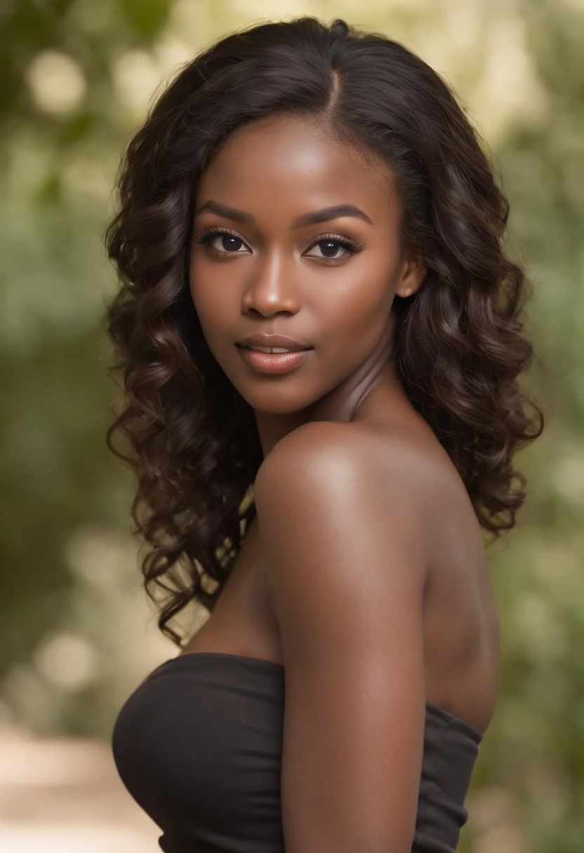 ((African dark skin, Very deep ebony skin)), ((Her beauty is undeniable)), ((Excited cute face)), ((Super delicate perfect eyes,)), ((Cute pose)), ((Tongue out)), ((Seductive )), Sexy, (( Mini bandeau dress)), ((African long curly African ponytail,)), (( skin)), ((standing, Front view)), ((Caress your legs in a sexy pose)), ((Outdoors, Public cities)), Sharp focus CGI, Photorealistic, High detail, Realistic, Masterpiece, absurderes, Best quality, hdr, High quality, k hd, Extremely detailed, 8K wallpaper, Intricate details, 8K UHD, Full-HD, (Realistic photo:1.2), Contrast, glaring lights, Cinematic lighting, Natural lighting, hard light, back lit lighting, Global illumination, Environmental occlusion
