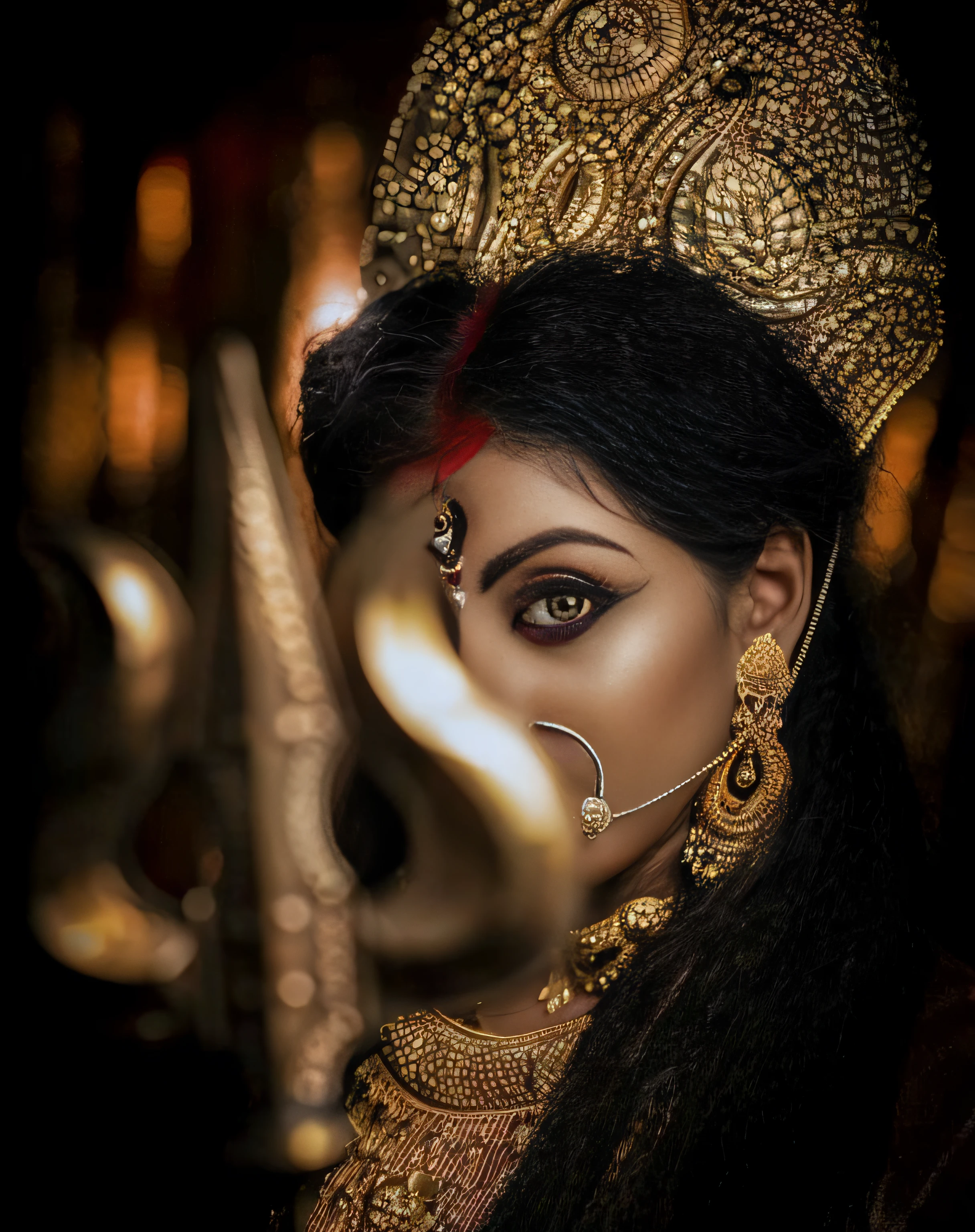 a close up of a woman wearing a gold headdress and a crown, a stunning portrait of a goddess, indian goddess, cinematic goddess shot, hindu aesthetic, cinematic goddess close shot, portrait of a beautiful goddess, extremely detailed goddess shot, goddess close-up portrait, indian goddess of wealth, traditional makeup, portrait of a scorpion goddess, portrait of a goddess