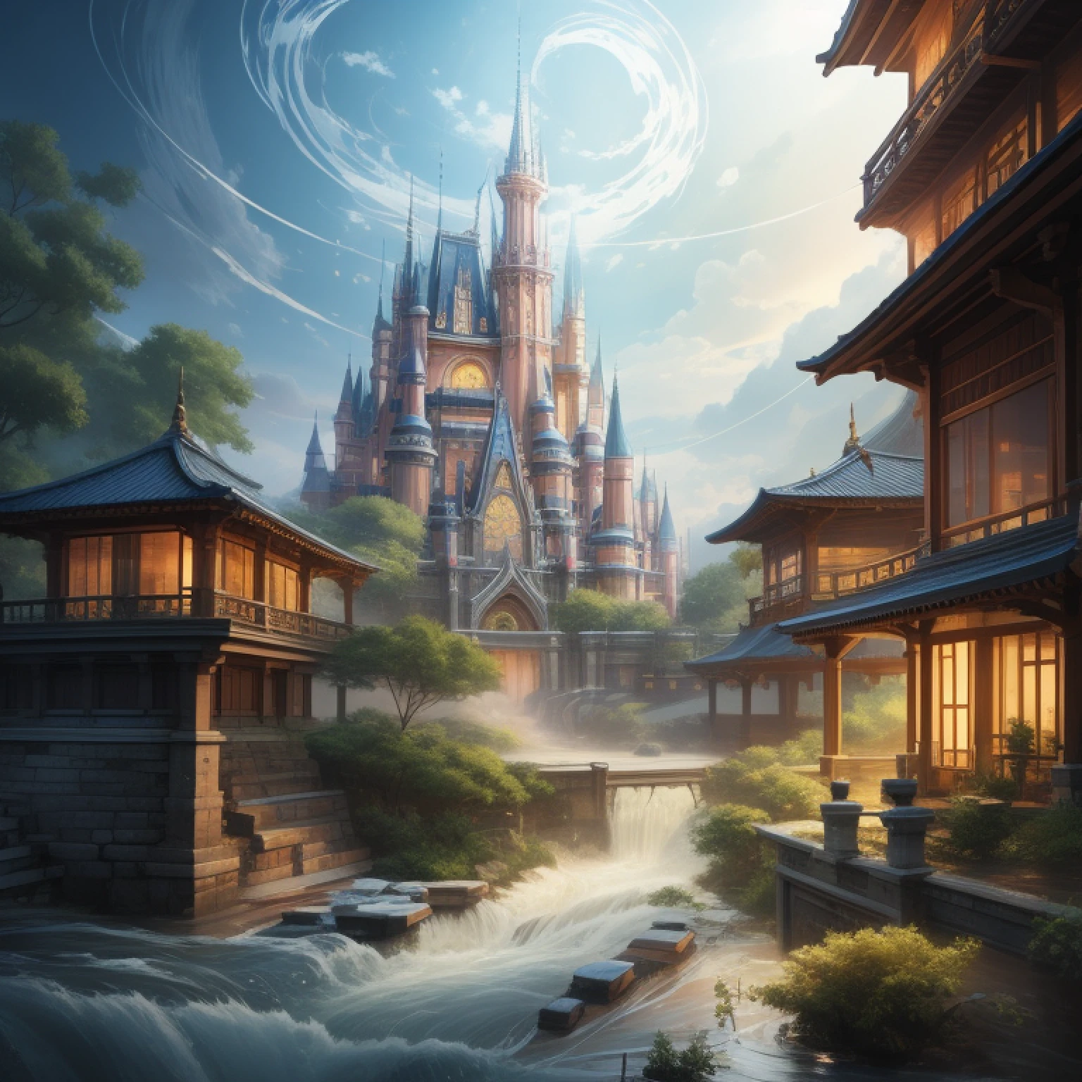 2D、Geometric overlap mixing，In a world of fresh and natural flooding，It shows a picture of harmony and ethereal。Color smoothing，Ethereal painting style。