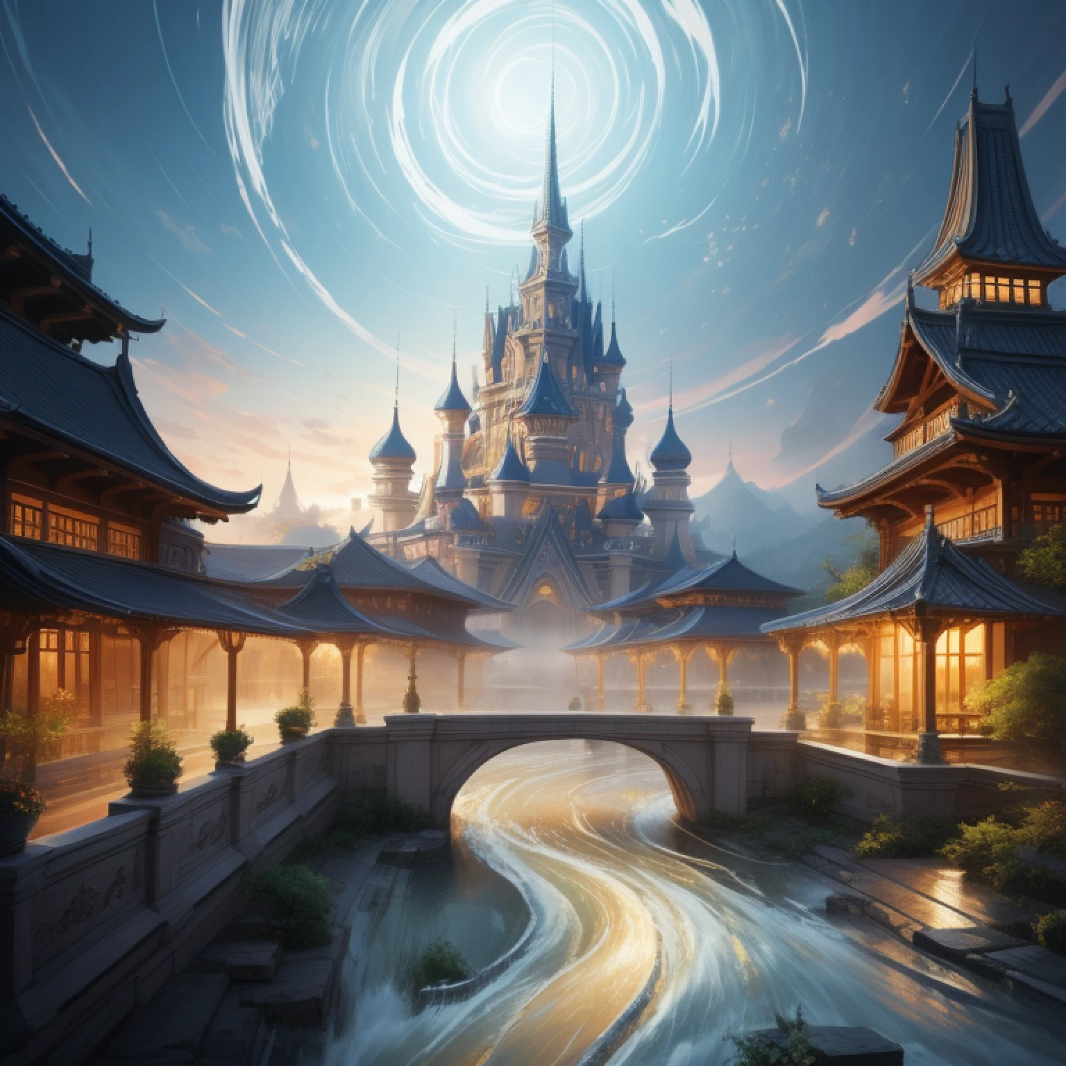 2D、Geometric overlap mixing，In a world of fresh and natural flooding，It shows a picture of harmony and ethereal。Color smoothing，Ethereal painting style。