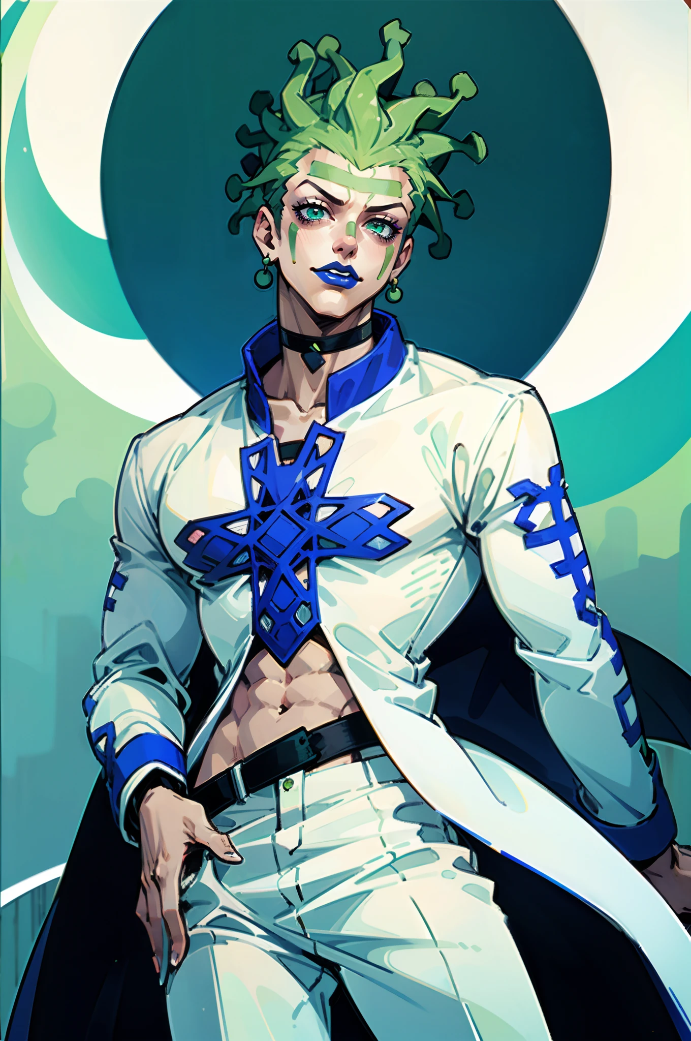 Cioccolata, white pants, white overcoat, green hair, green eyes, blue lipstick, ((green face makeup)), 1boy, solo, male focus, cowboy shot, black choker