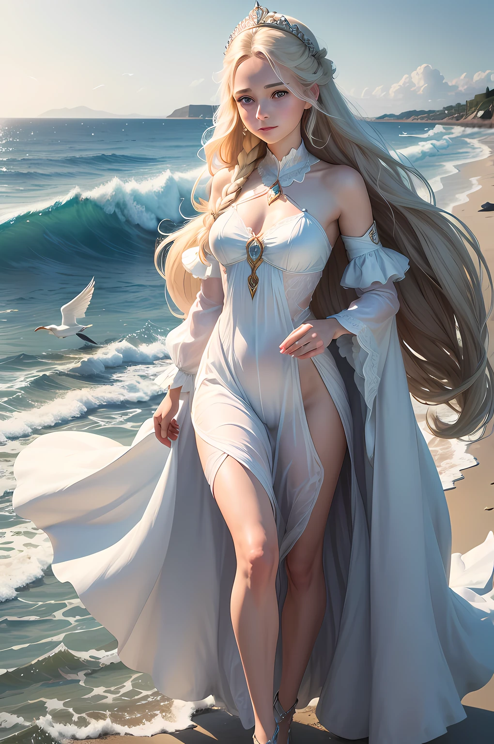 ,((Best quality))),8k,((Masterpiece)),(Extremely refined and beautiful), there is a girl coming out of the sea, a swan princess in Russian mythology, beautiful calm face, blue eyes, long blonde hair braided, the moon braided hair on the back of the head, white old Russian shiny clothes with a Kokoshnik crown on his head, affectionate eyes, half a smile, a gentle expression on his face, seascape and sunlight in the background, seagulls in the sky, full length, realism