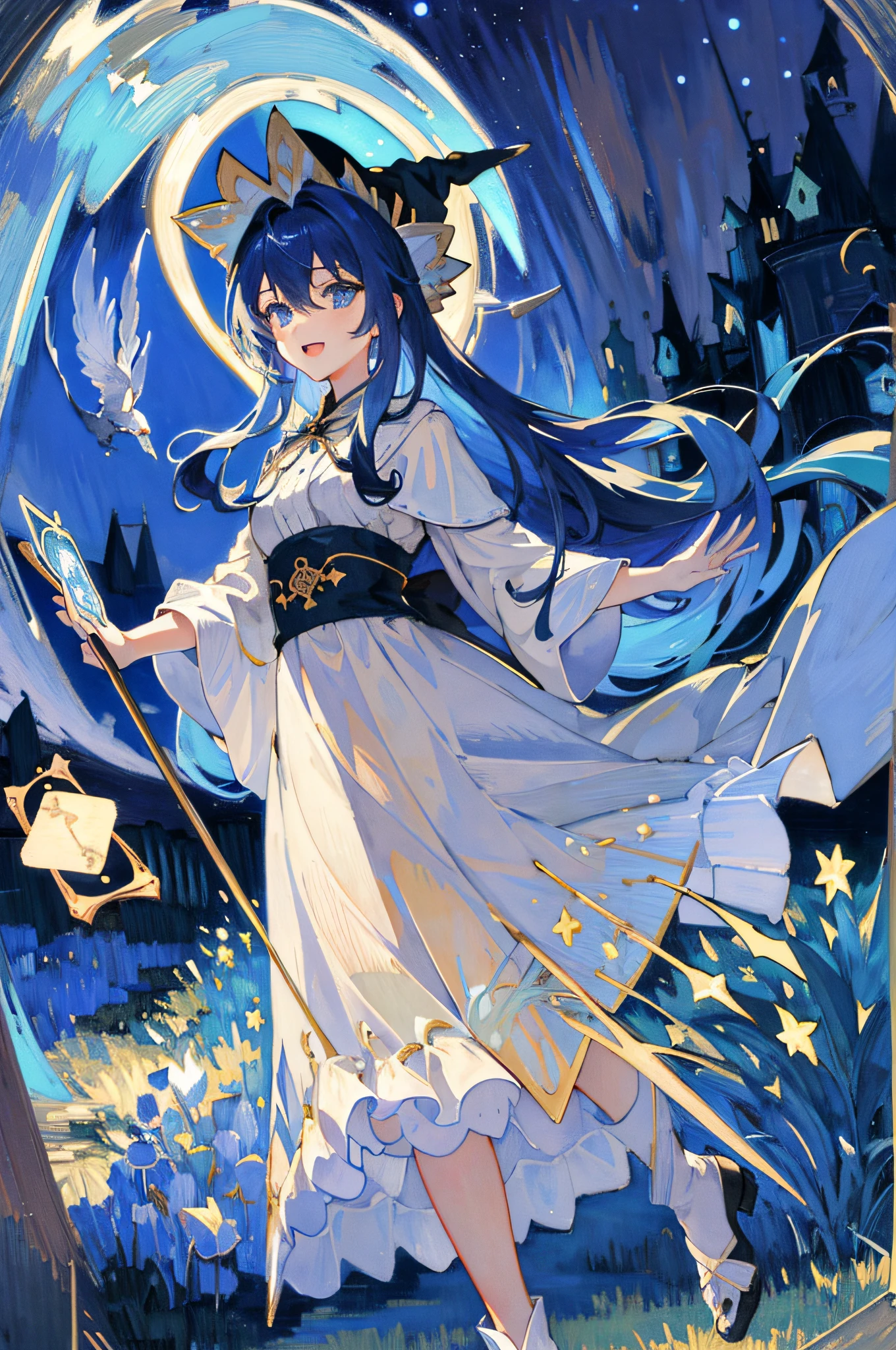 ((Masterpiece:1.2, Best Quality)), 1girl, 独奏, (witch hat), blonde hair, Long hair, Dress, aurora, night time, Star (skye), gloves, skye, whitedress, night sky, open mouth, Starry sky, blue eyes, band, extra very long hair, Red Dress, Smile, hair ribbon, cape, Blue hair, (bird), Magic, casting spell, Dark clouds, night time, (impressionism:1.4), (tarot:1.3), Alphonse Mucha,