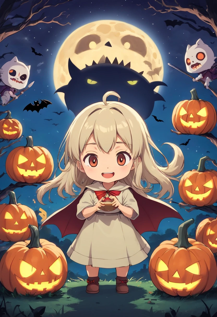 "Produce a spine-tingling Halloween-themed chibi anime artwork that juxtaposes cuteness with horror. Illustrate an adorable chibi character dressed as a classic horror icon (e.g., vampire, mummy, or witch) while surrounded by cute, yet spooky, elements like smiling pumpkins with sharp teeth, playful ghosts with a sinister twist, and a moonlit night sky filled with eerie charm." Male characters