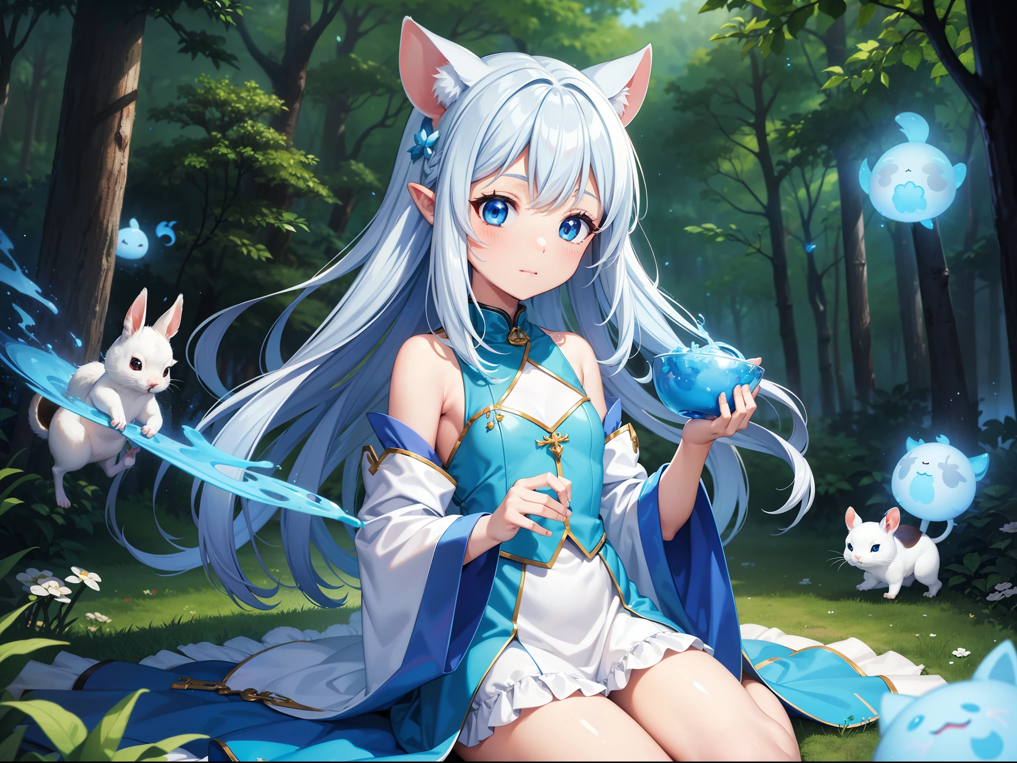 In the forest、There is a small white rabbit with long ears,  White long ears、I'm with a pretty girl with long blue hair。It is a cute white and blue costume。Dark eyes。cute forest creature, Cute mushrooms also grow、Adorable Digital Painting, cute detailed digital art, the squirrel king, Cute digital art, cute cartoon characters, cute character, CuteCreatures, Cutie, official illustrations, Official art, squirrel, maplestory mouse, astri lohne,  cute 3d render